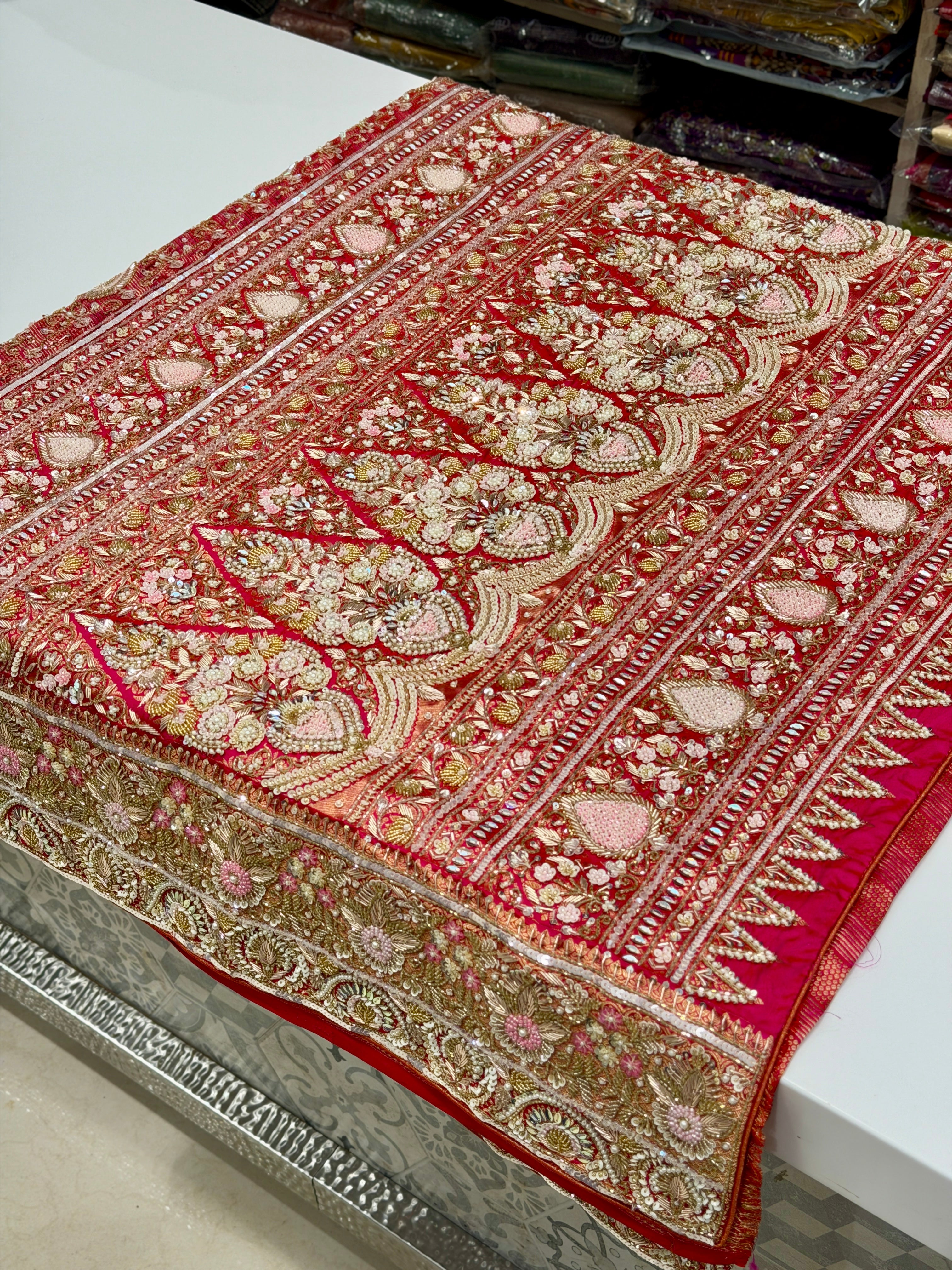 Rani Pink Kanjivaram Leheriya Weave Moti Zardosi Hand Embroidery Saree