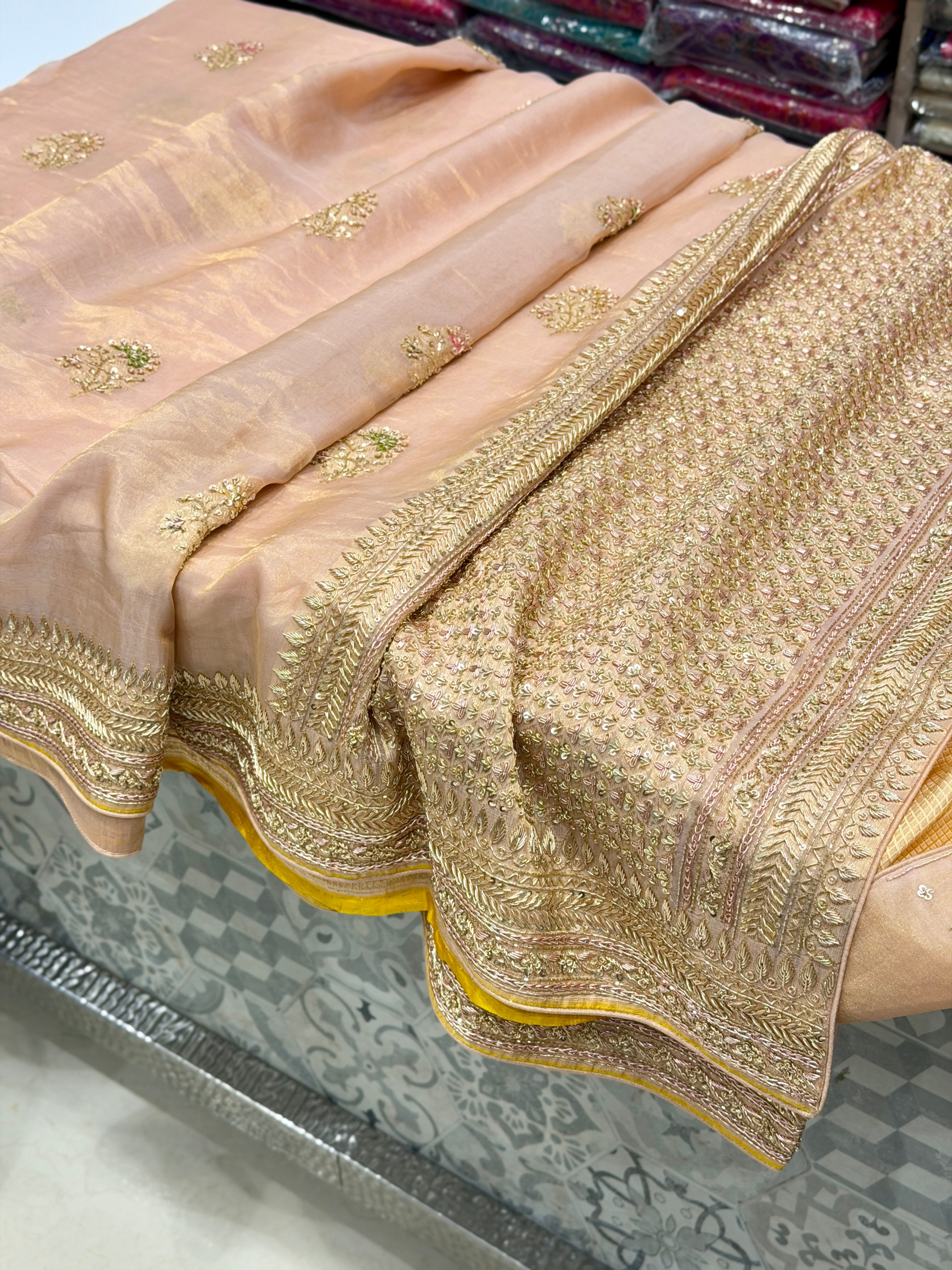 Pink Banarasi Tissue Handloom Kadwa Weave Zardosi Embroidery Saree