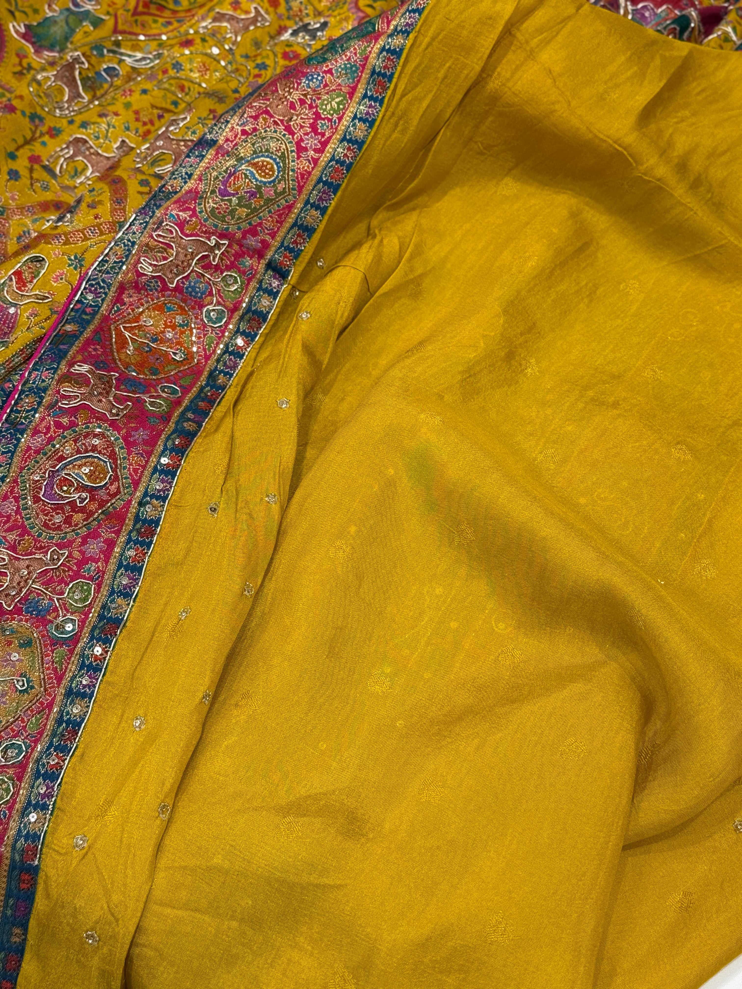 Yellow Pashmina Baluchari Style Hand Embroidery Saree