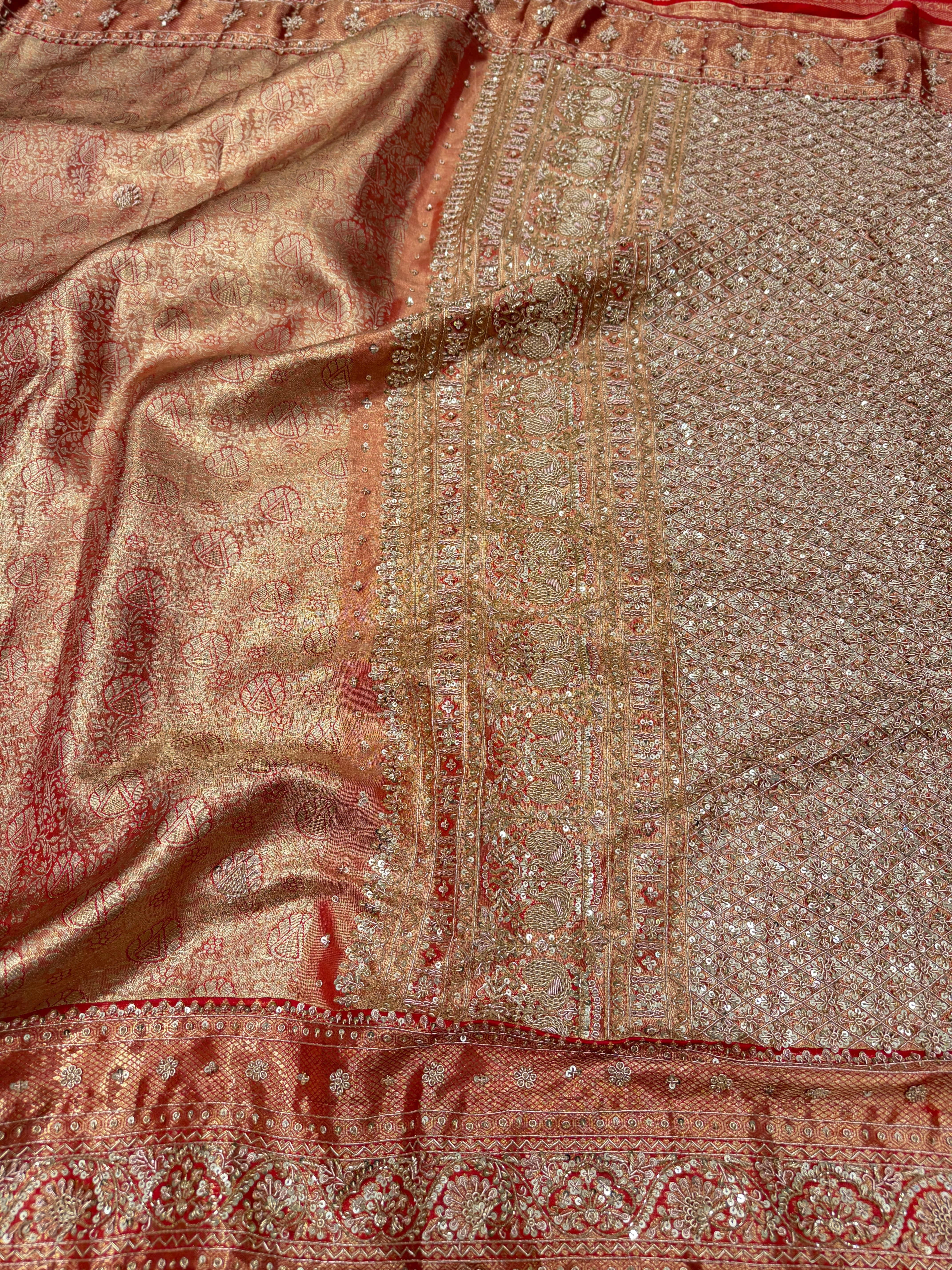Gold Red Tissue Zardosi Kanjivaram Hand Embroidery Saree