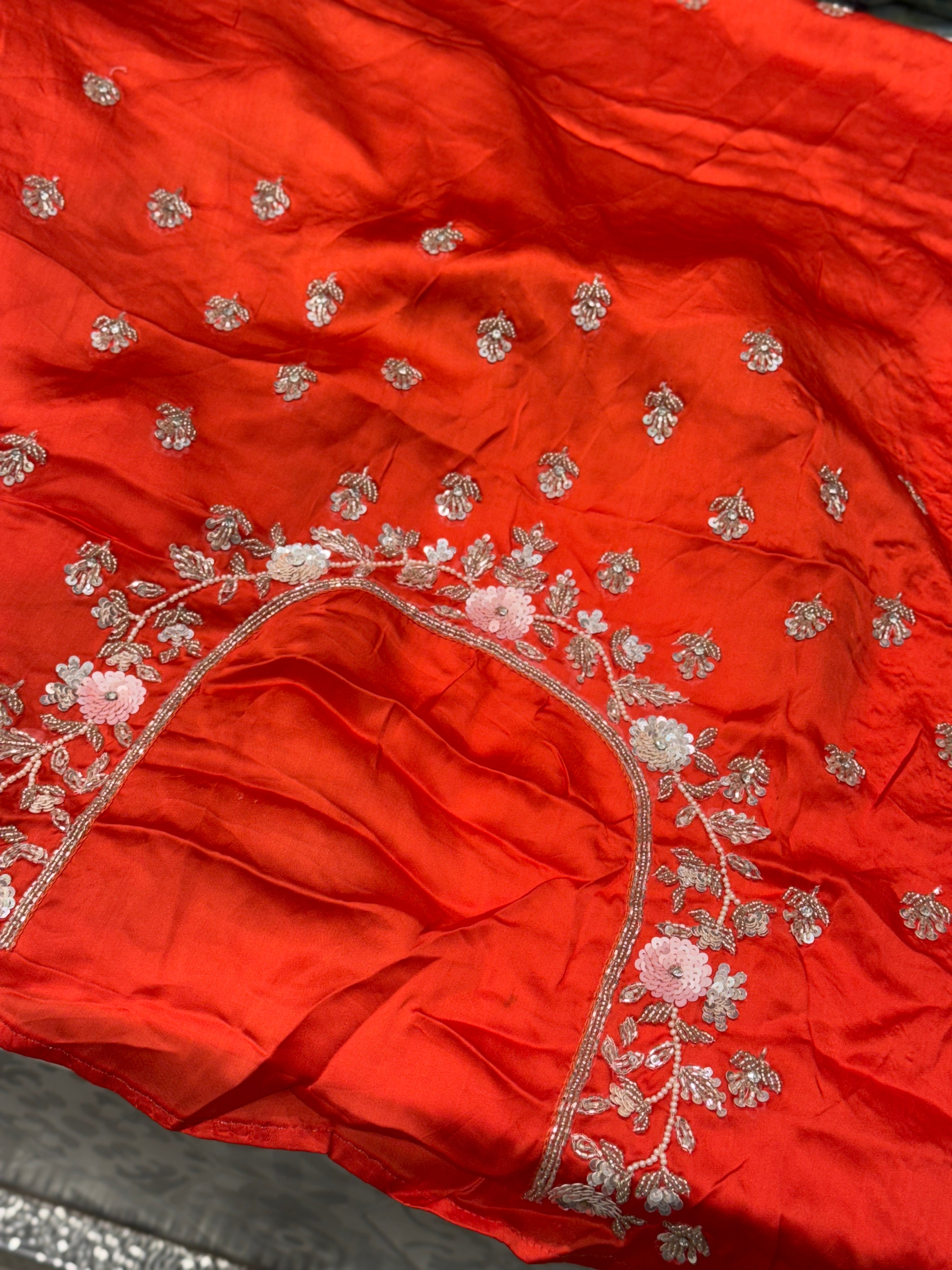 Orange Satin Sequin Moti Border Hand Embroidery Saree