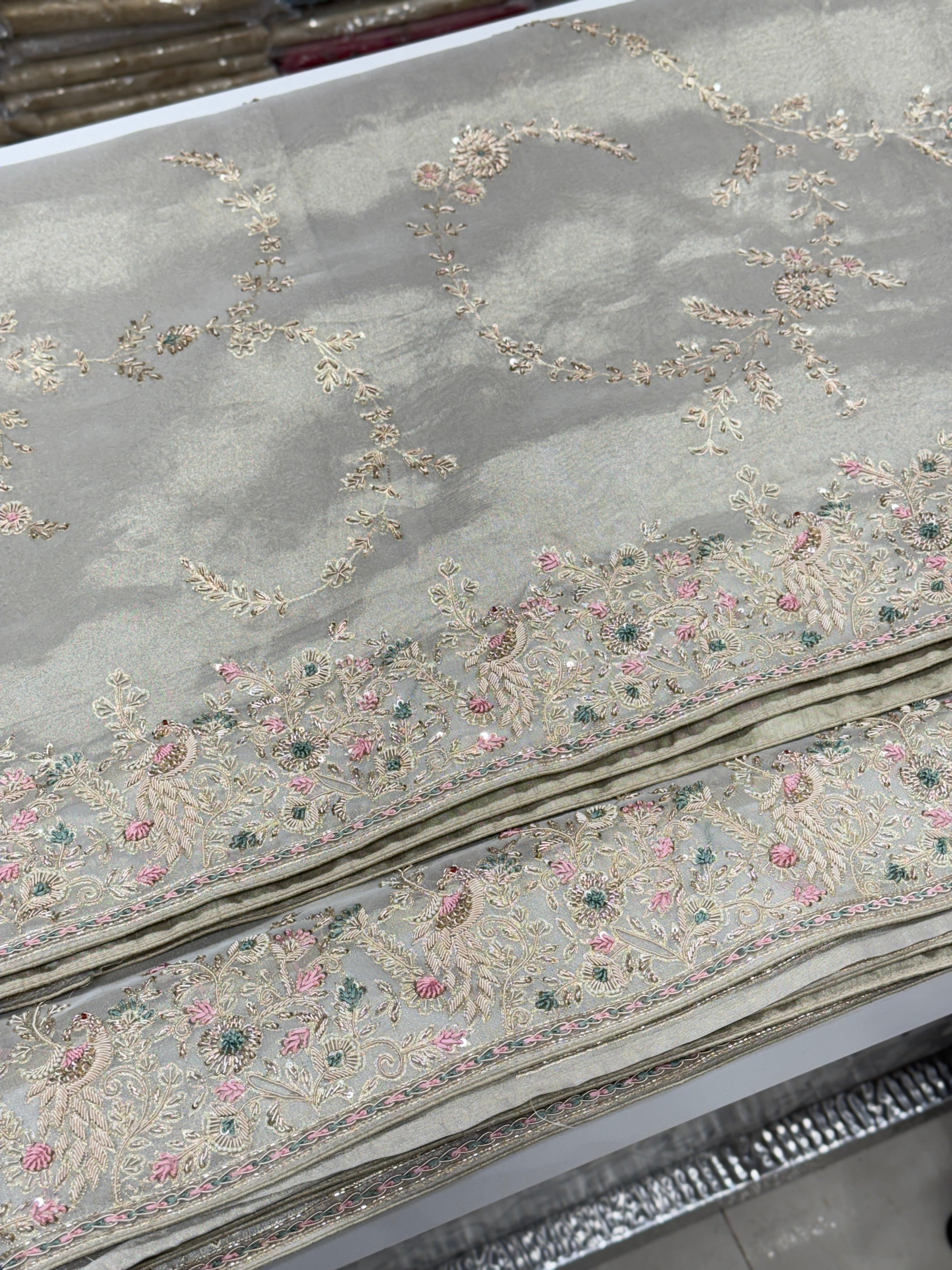 Silver Tissue Saree Zardosi Jaal Hand Embroidery Contrast Blouse