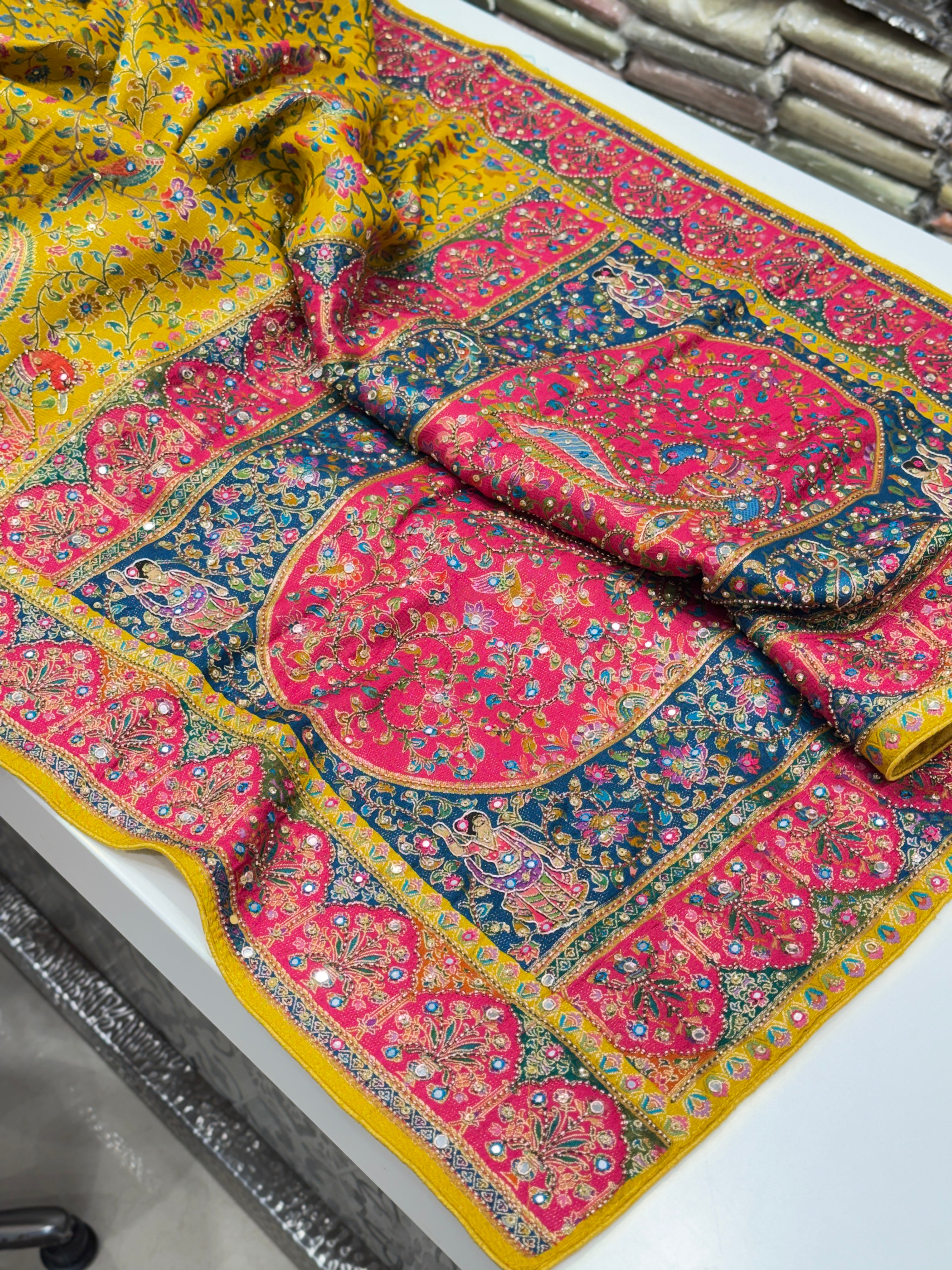 Yellow Pashmina Style Moti Hand Embroidery Saree