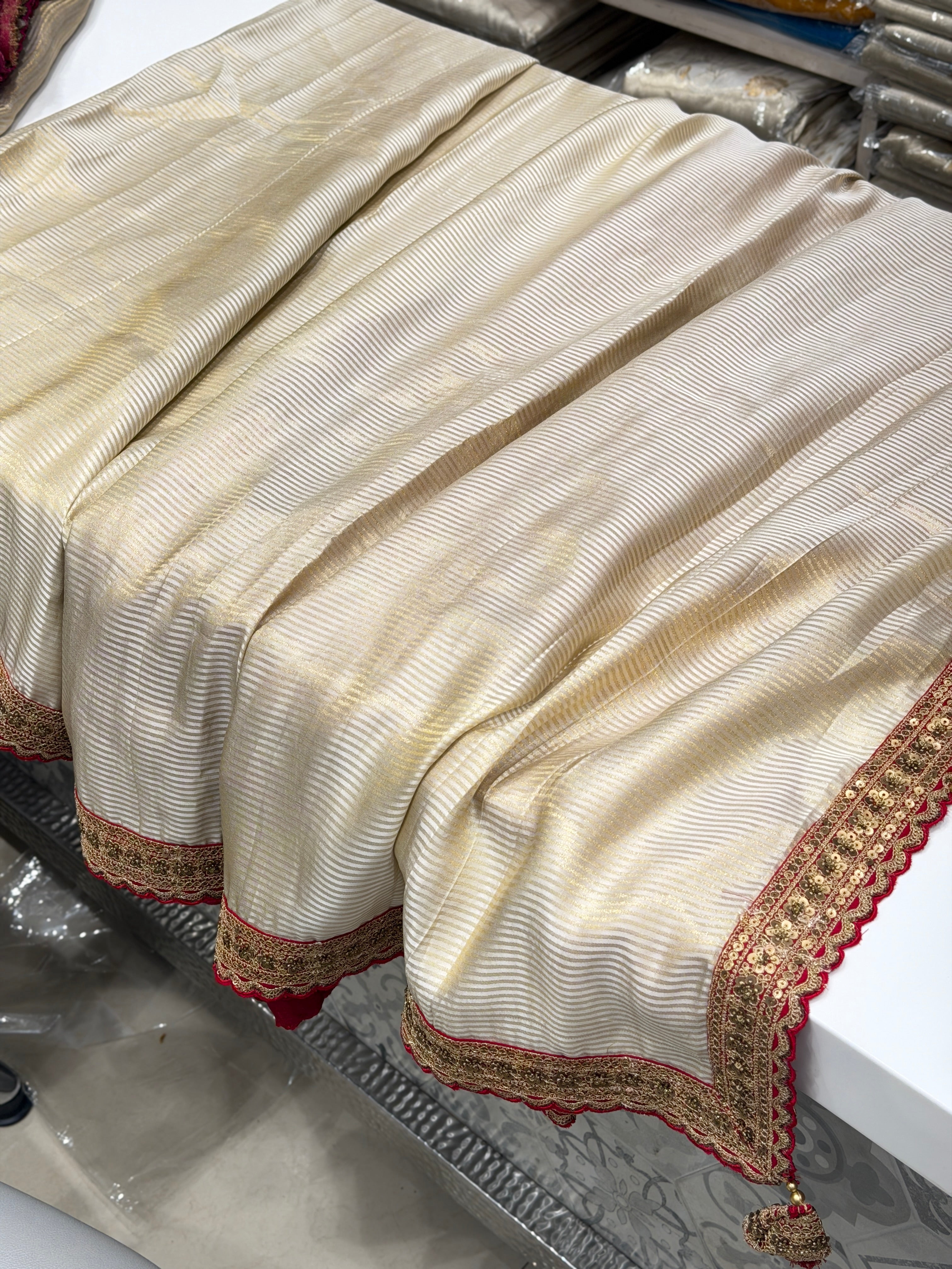 Golden Sabyasachi Inspired Crepe Tissue Contrast Blouse Saree