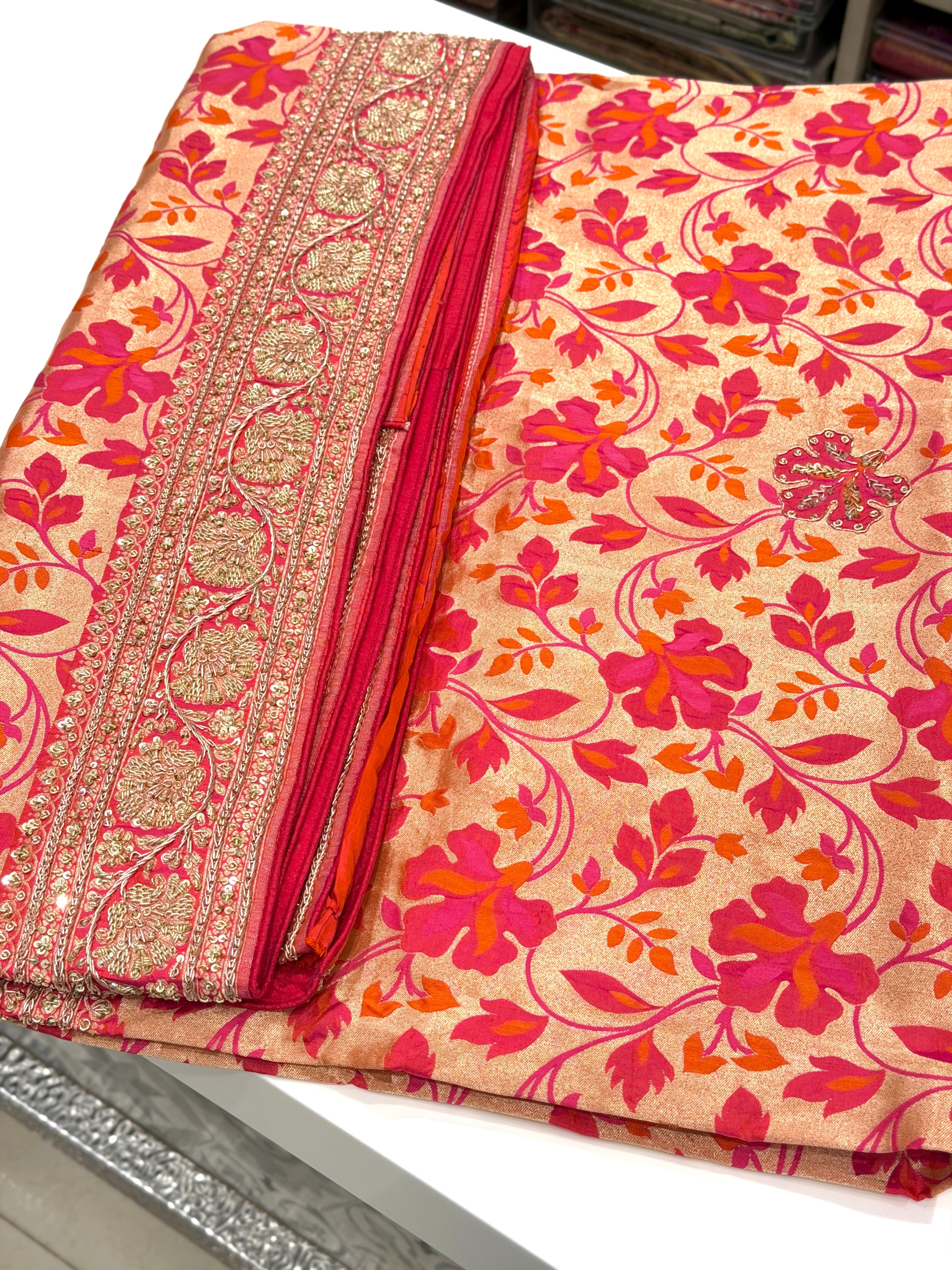 Rust Orange Handloom Banarasi Katan Silk Zardosi Hand Embroidery Saree