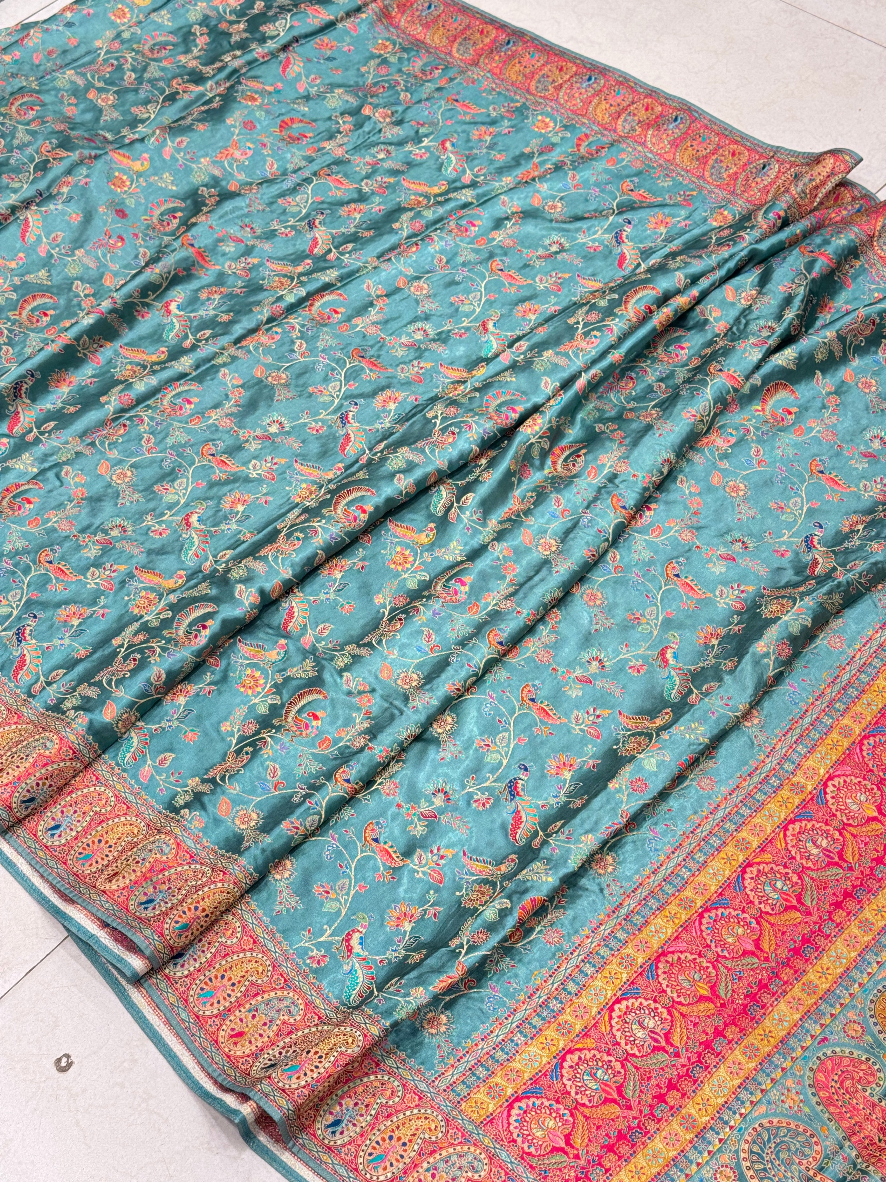 Firozi Banarasi Modal Satin Pashmina Style Jaal Saree