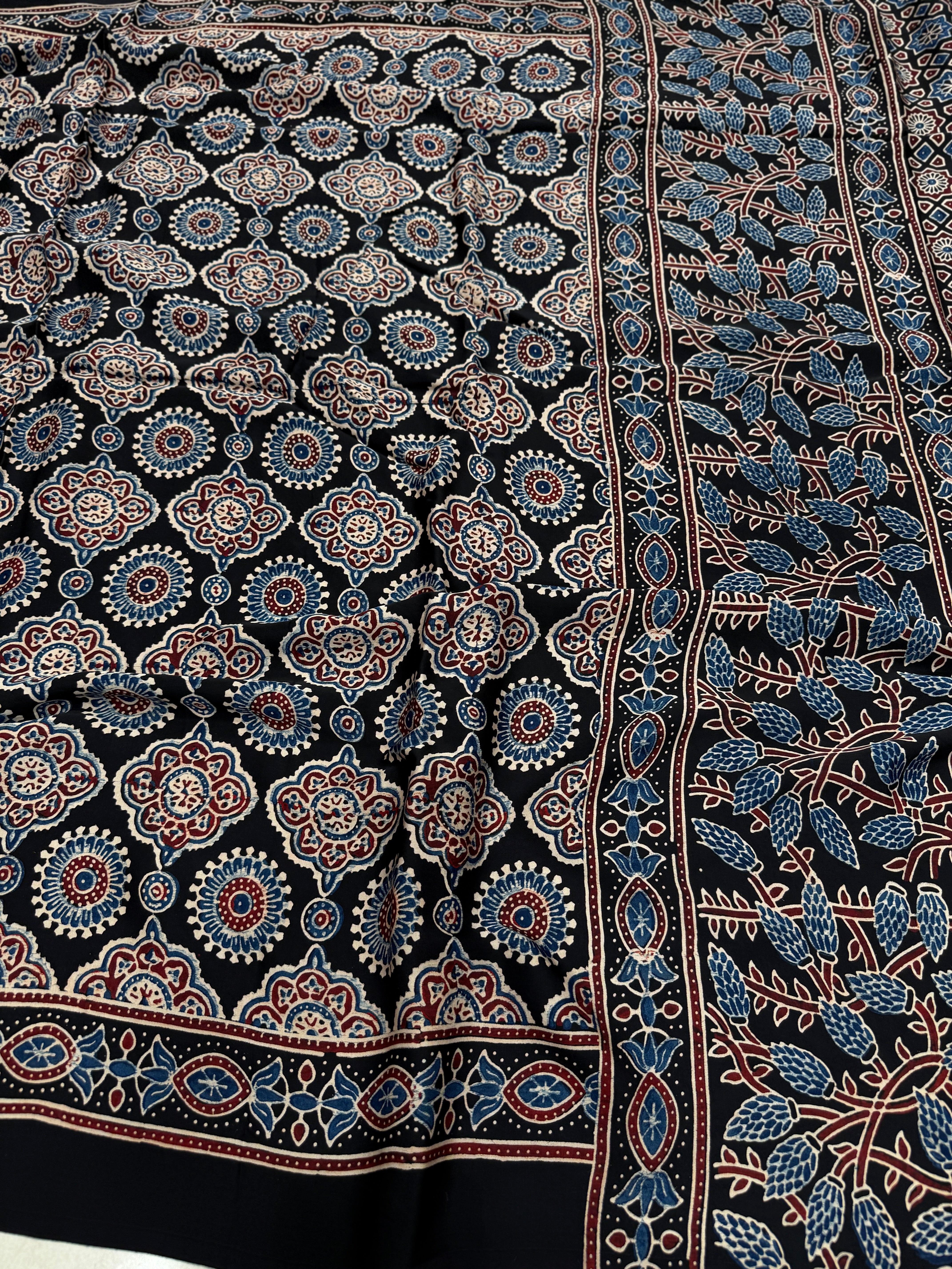 Black Geometric Circles Ajrakh Hand Block Print Pure Modal Silk Saree