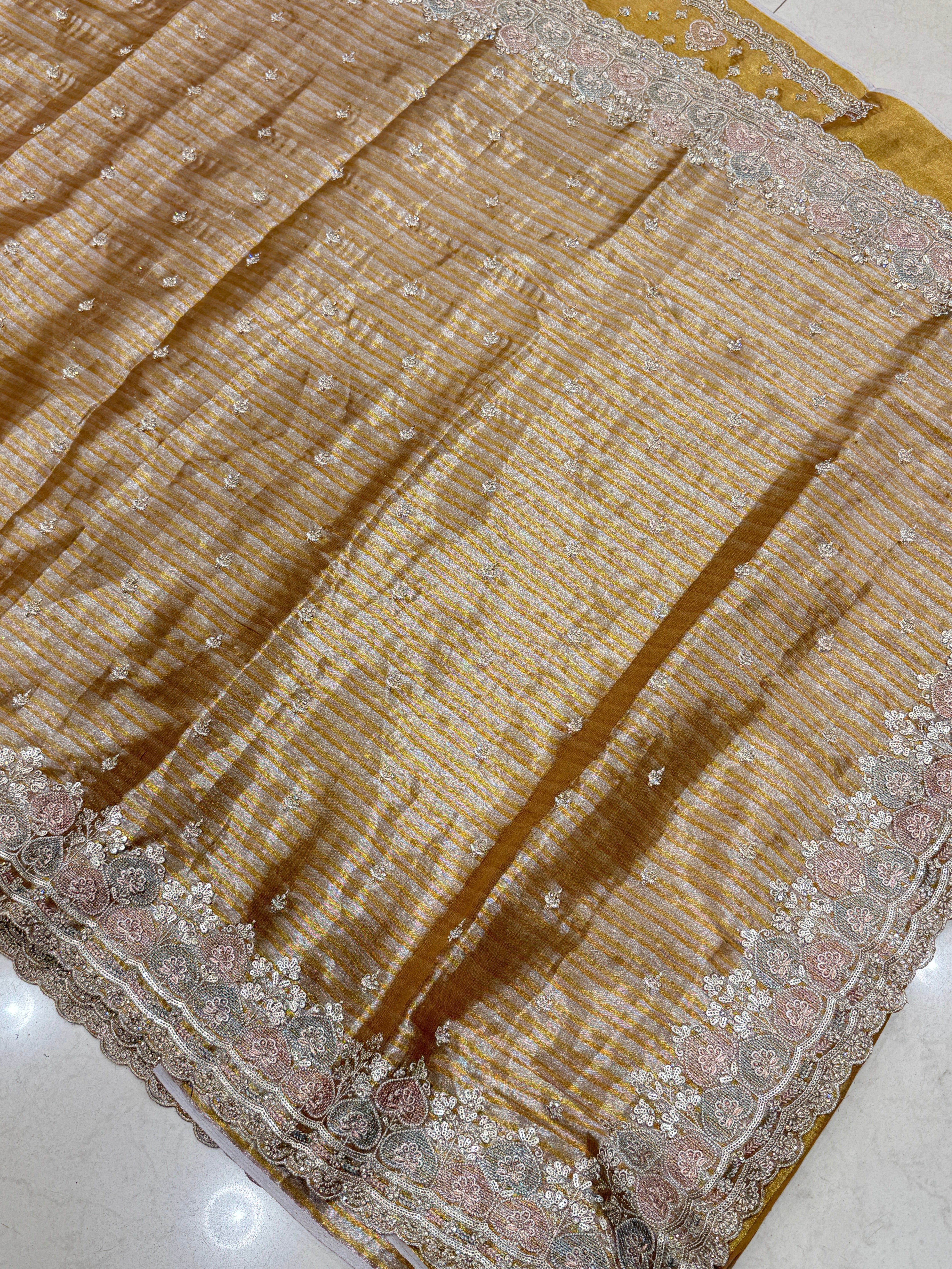 Golden Silver Soft Tissue Meenakari Pita Embroidery Saree