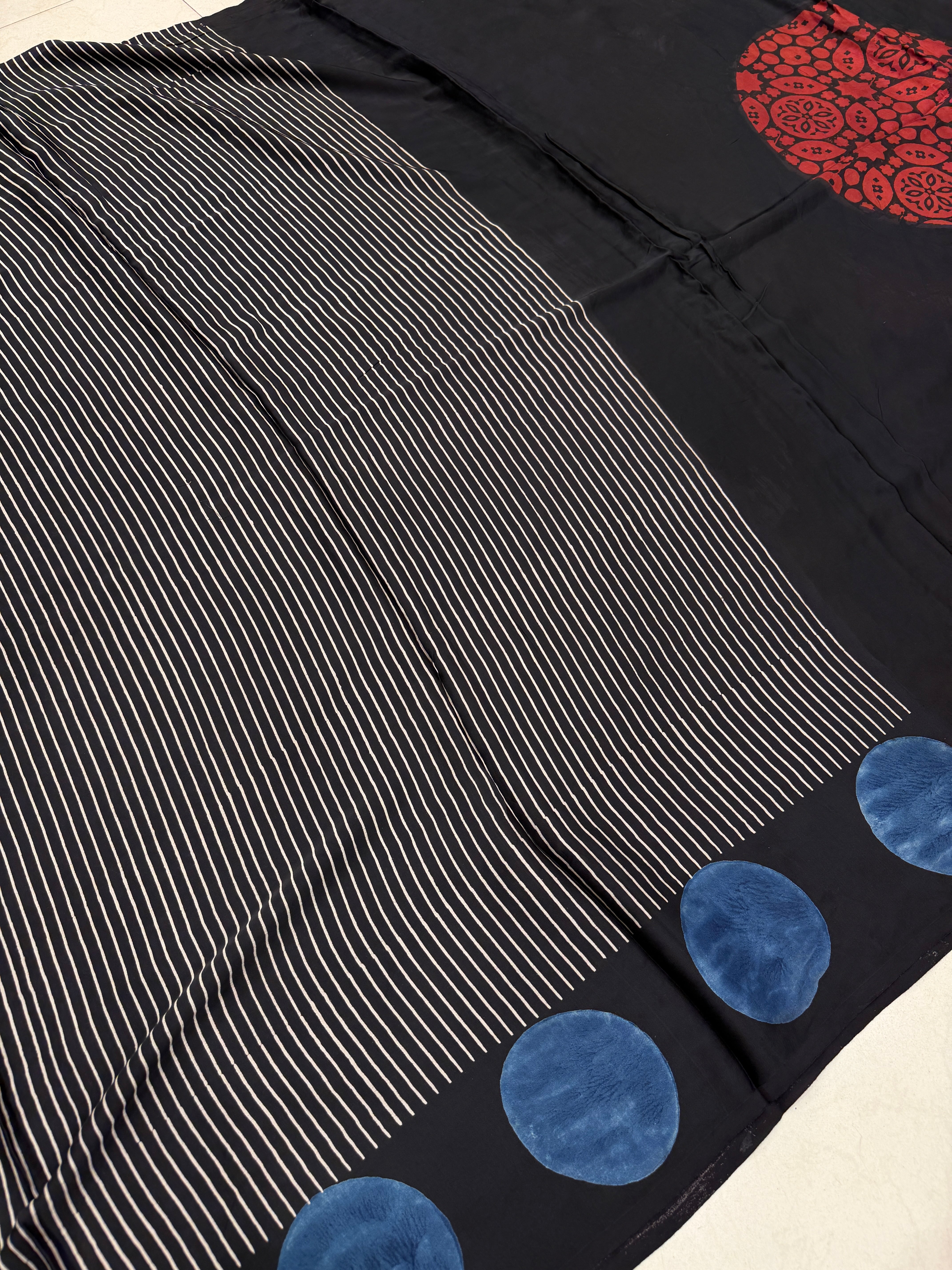 Black Contemporary Moon Border Ajrakh Block Print Hand Pure Gajji Silk Saree