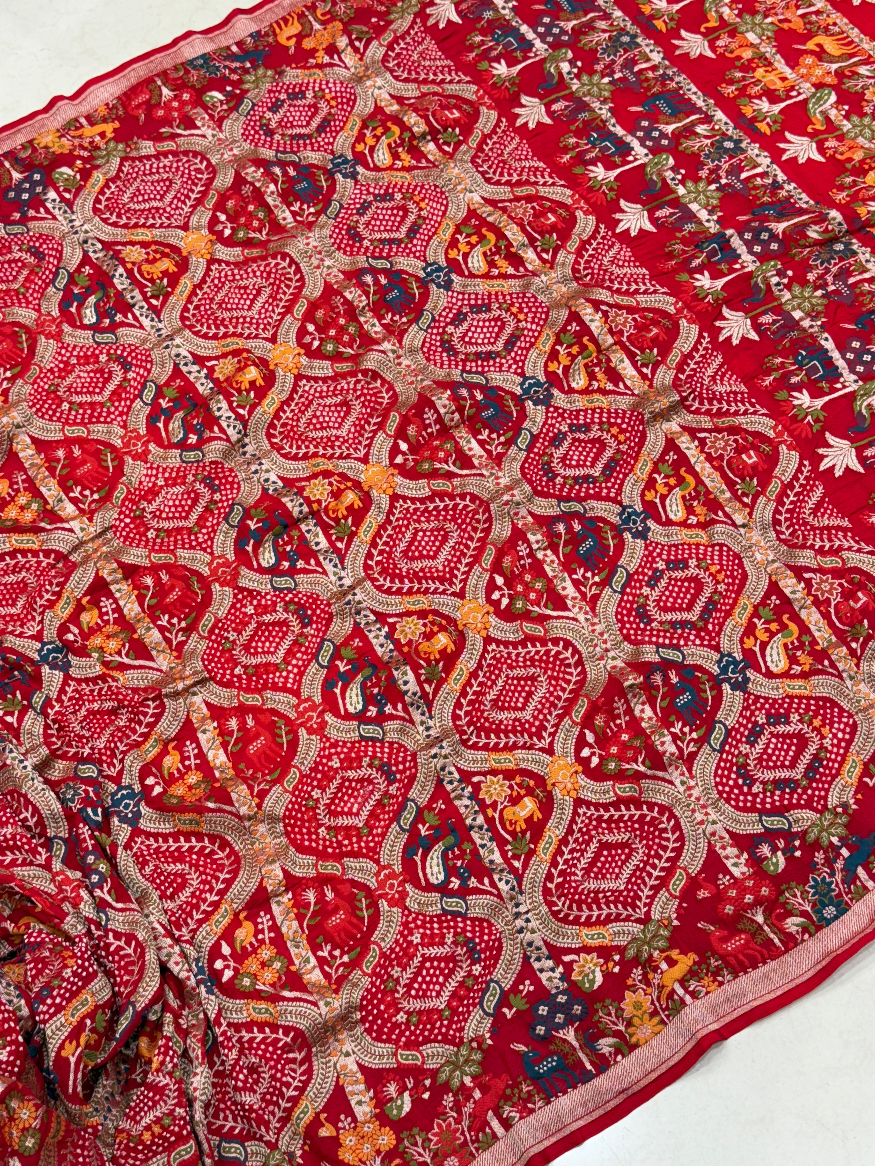 Red Meenakari Rai Bandhej Shikara Border Saree