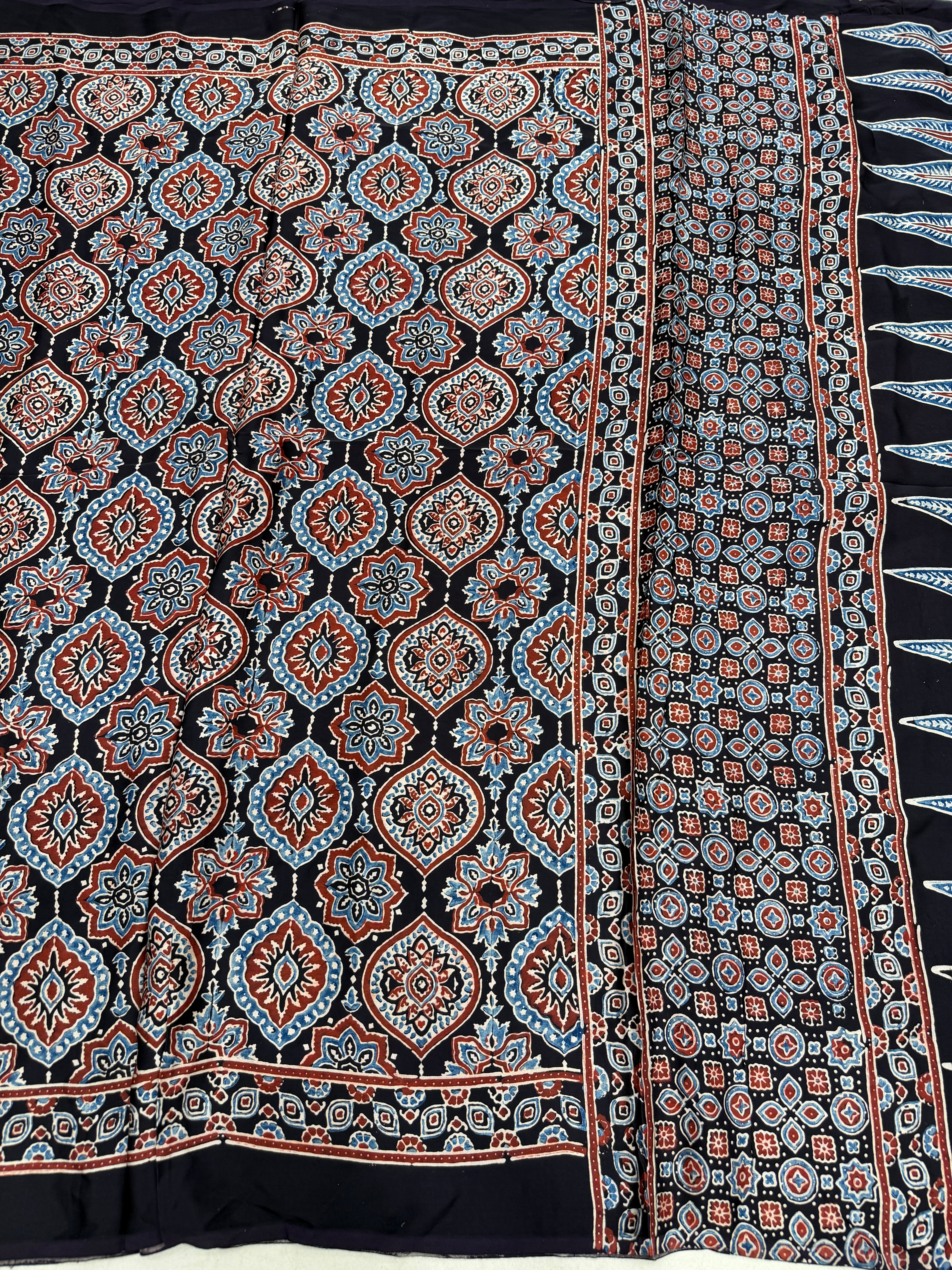Black Badam Ajrakh Hand Block Print Pure Gajji Silk Saree