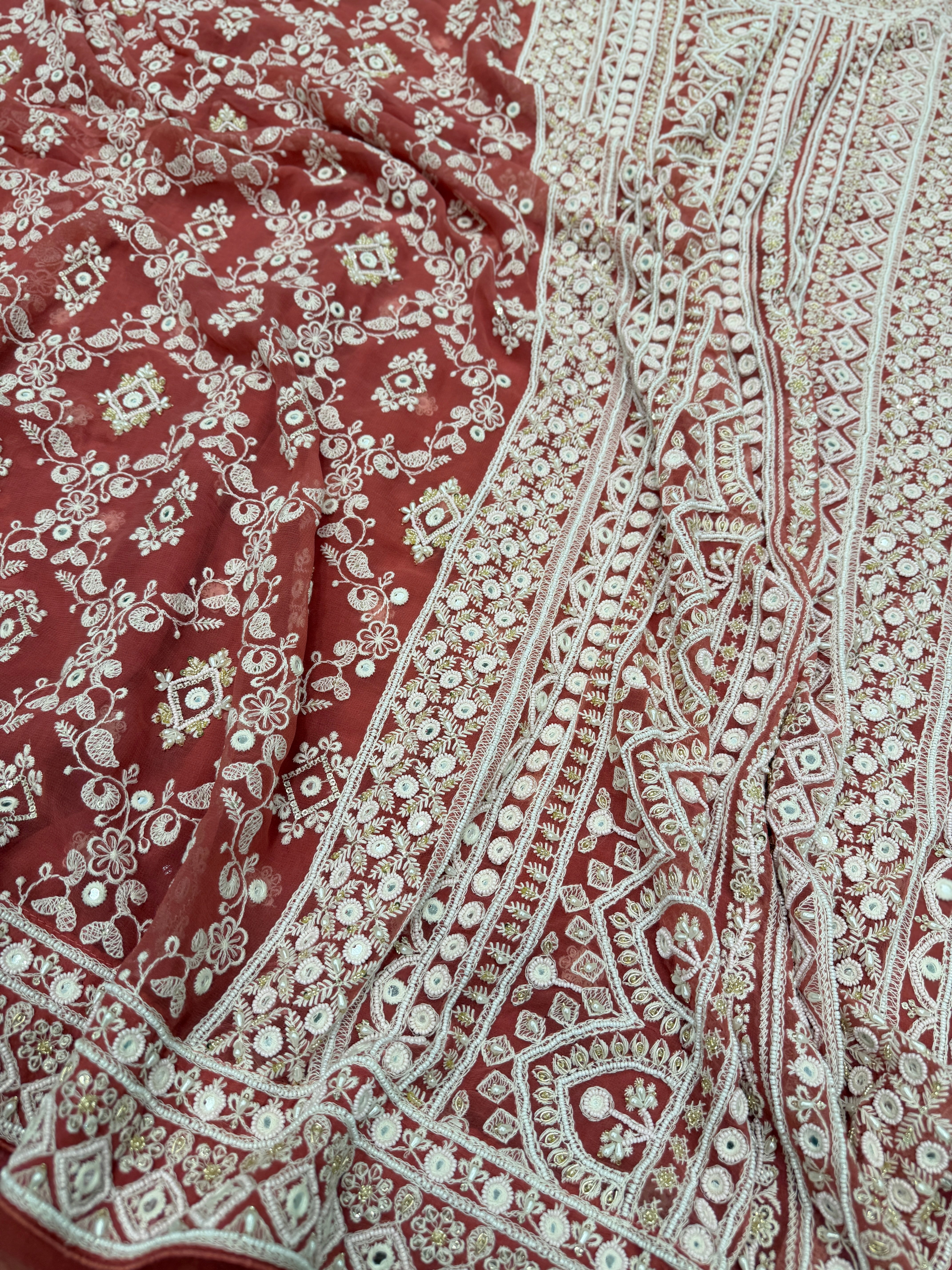 Brick Red Chikankari Georgette Hand Embroidery Moti and Zardosi Saree