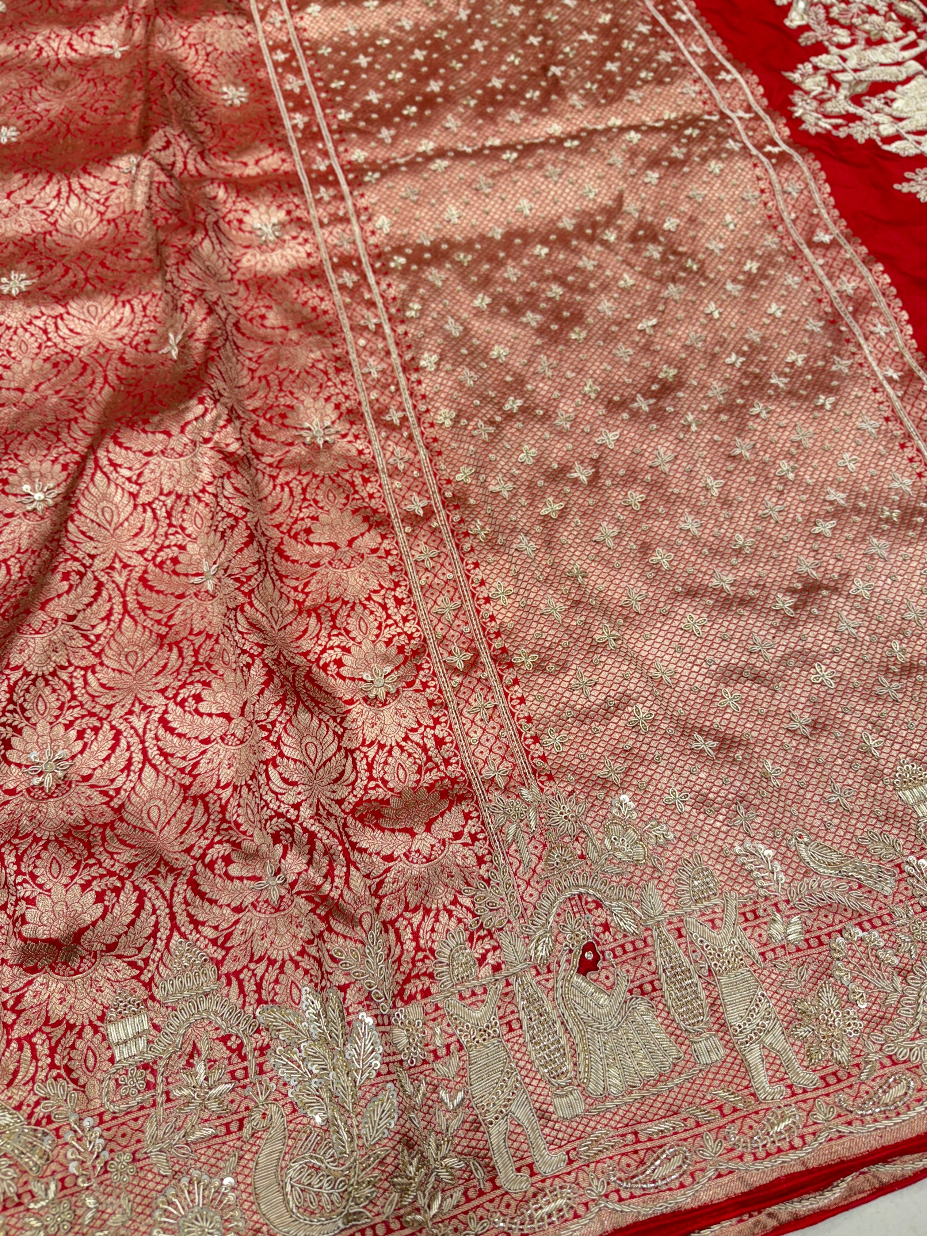 Red Banarasi Katan Doli Edit Zardosi Saree