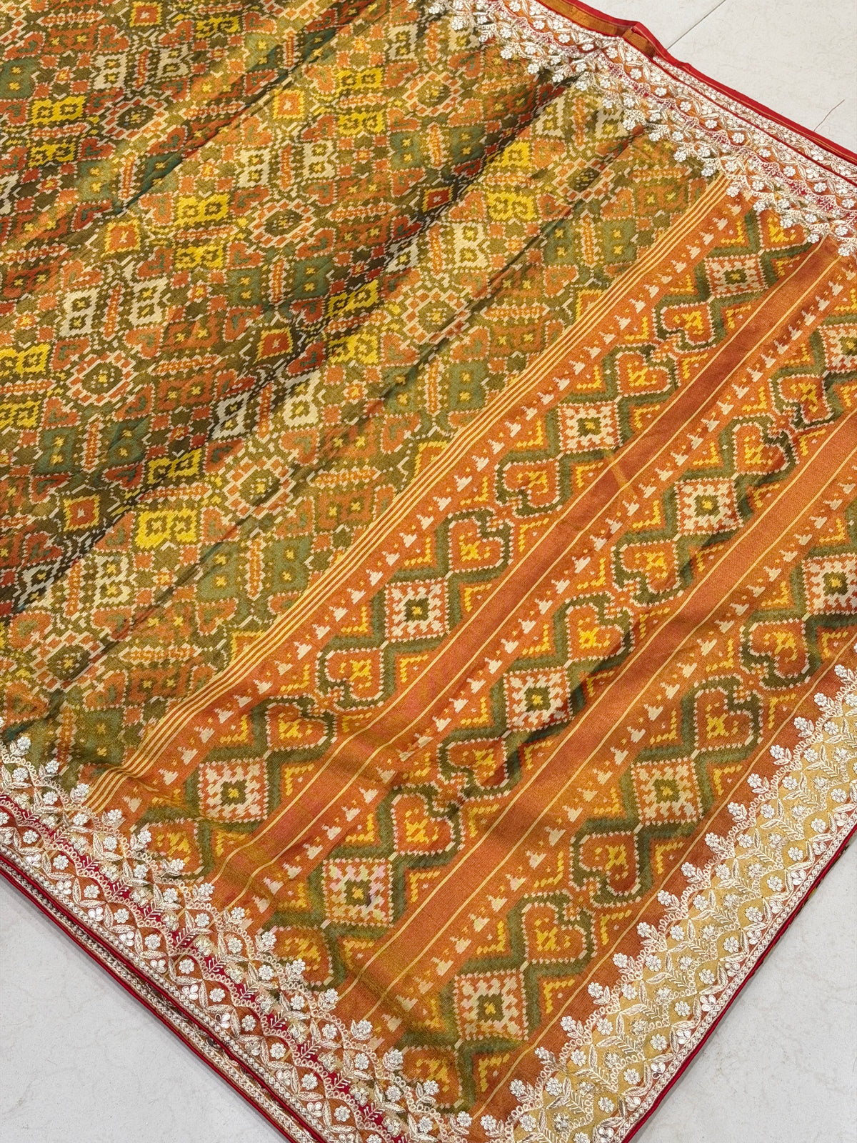 Mustard Tissue Patan Patola Zardosi Hand Embroidery Saree