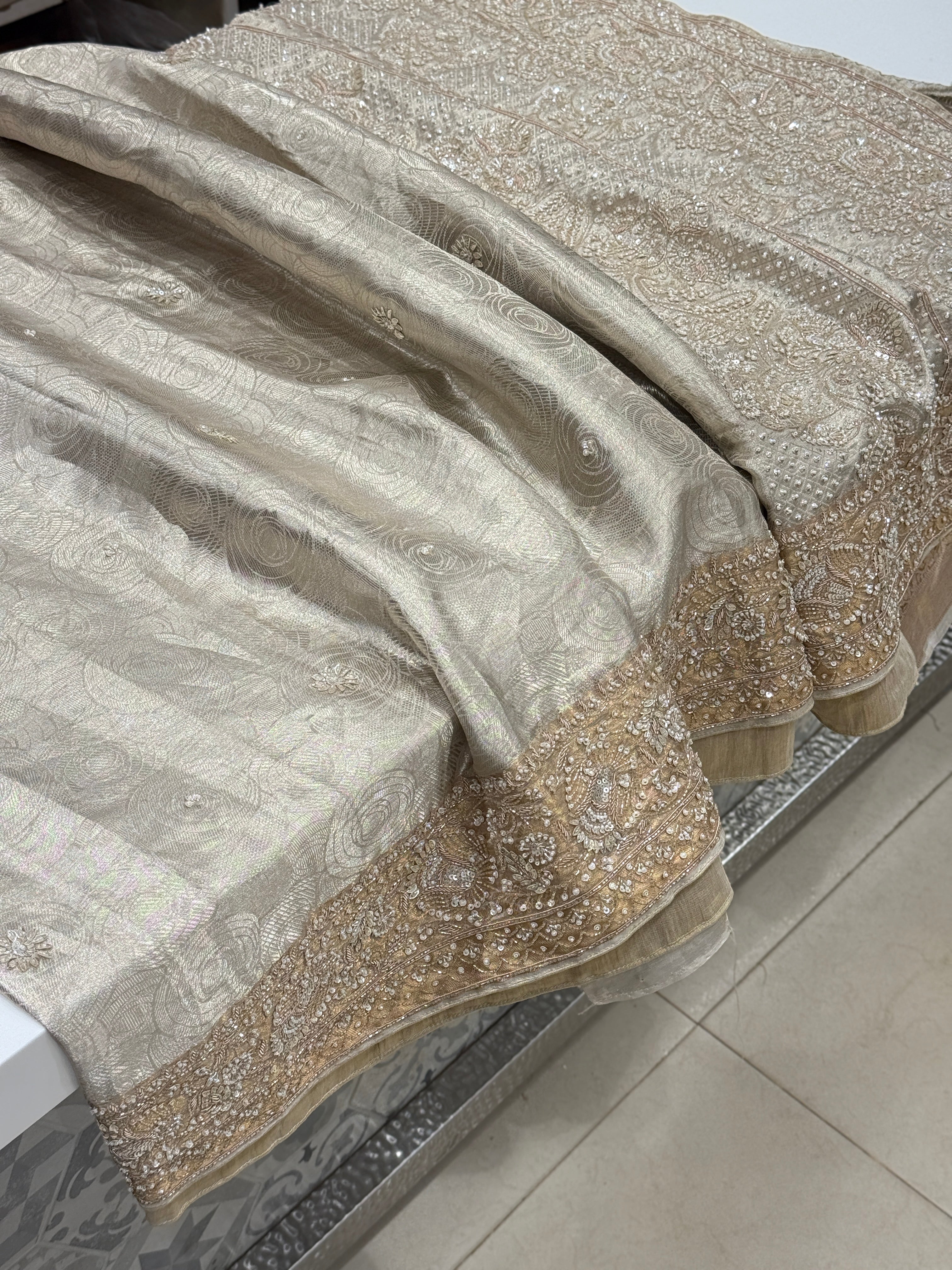 Silver Tissue Kanjivaram Zardosi Moti Hand Embroidery Saree