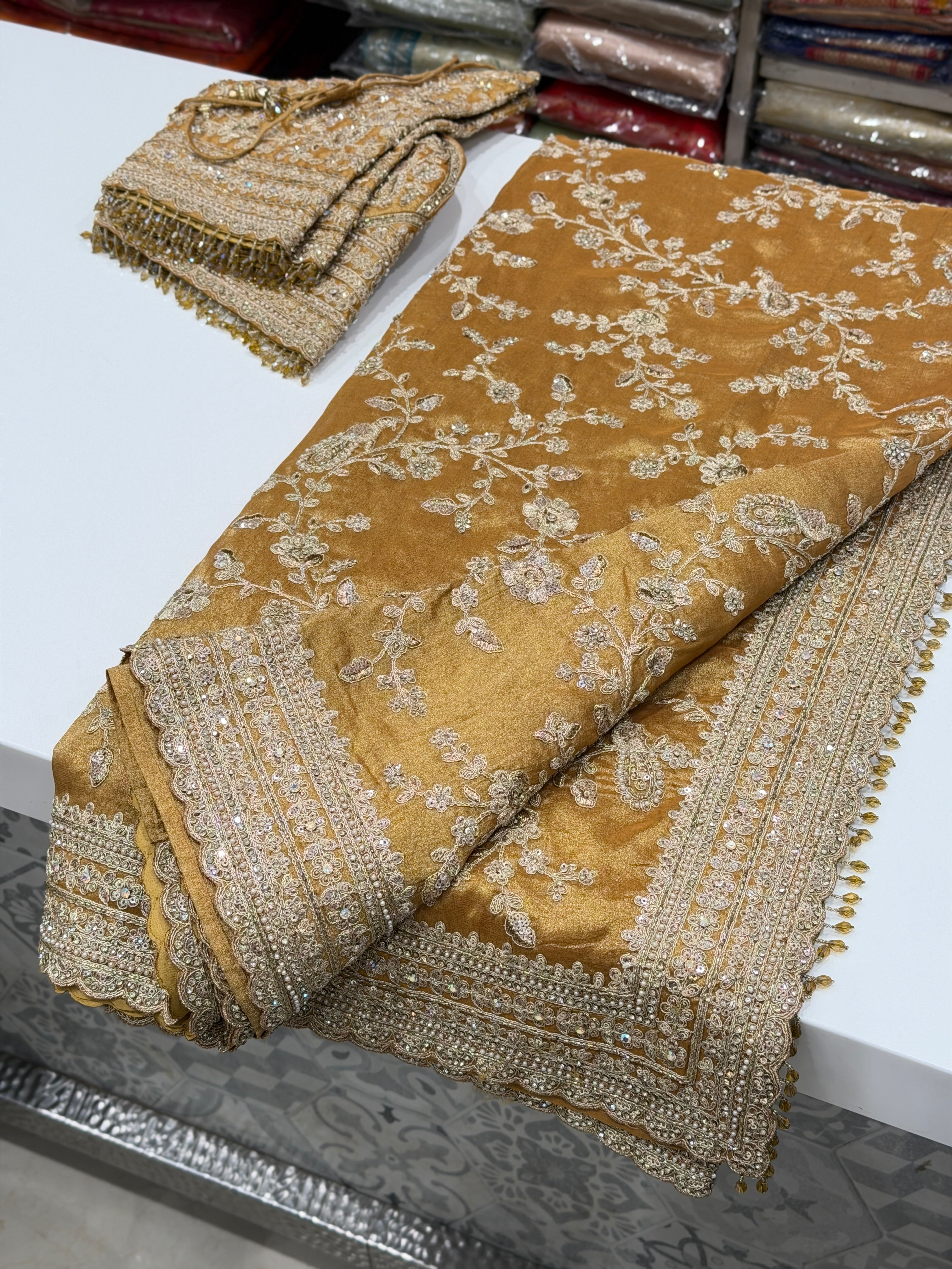 Yellow Tissue Embroidery Jaal Ready Blouse Saree