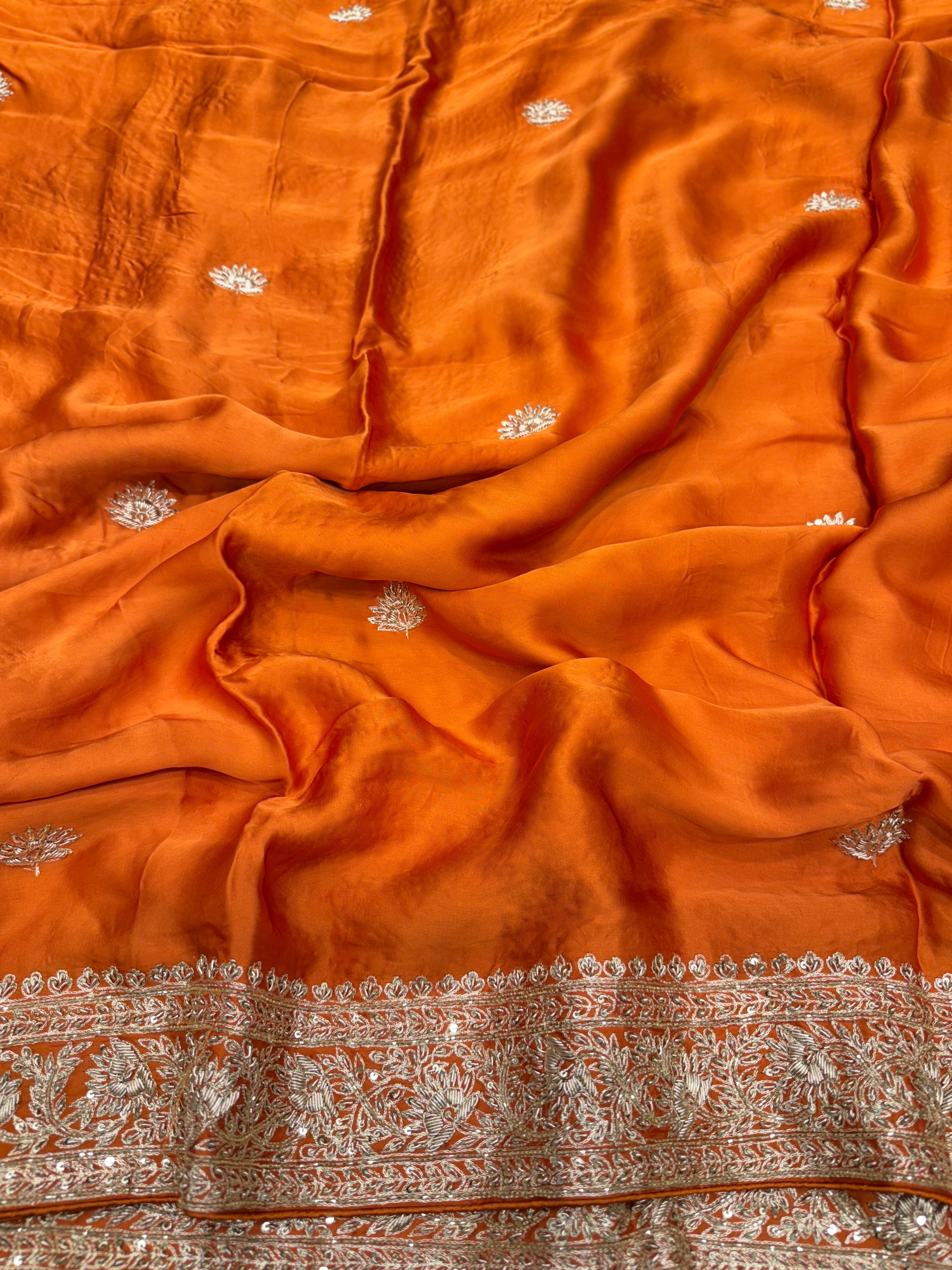Rust Orange Buttis Pure Satin Hand Embroidery Zardosi Saree