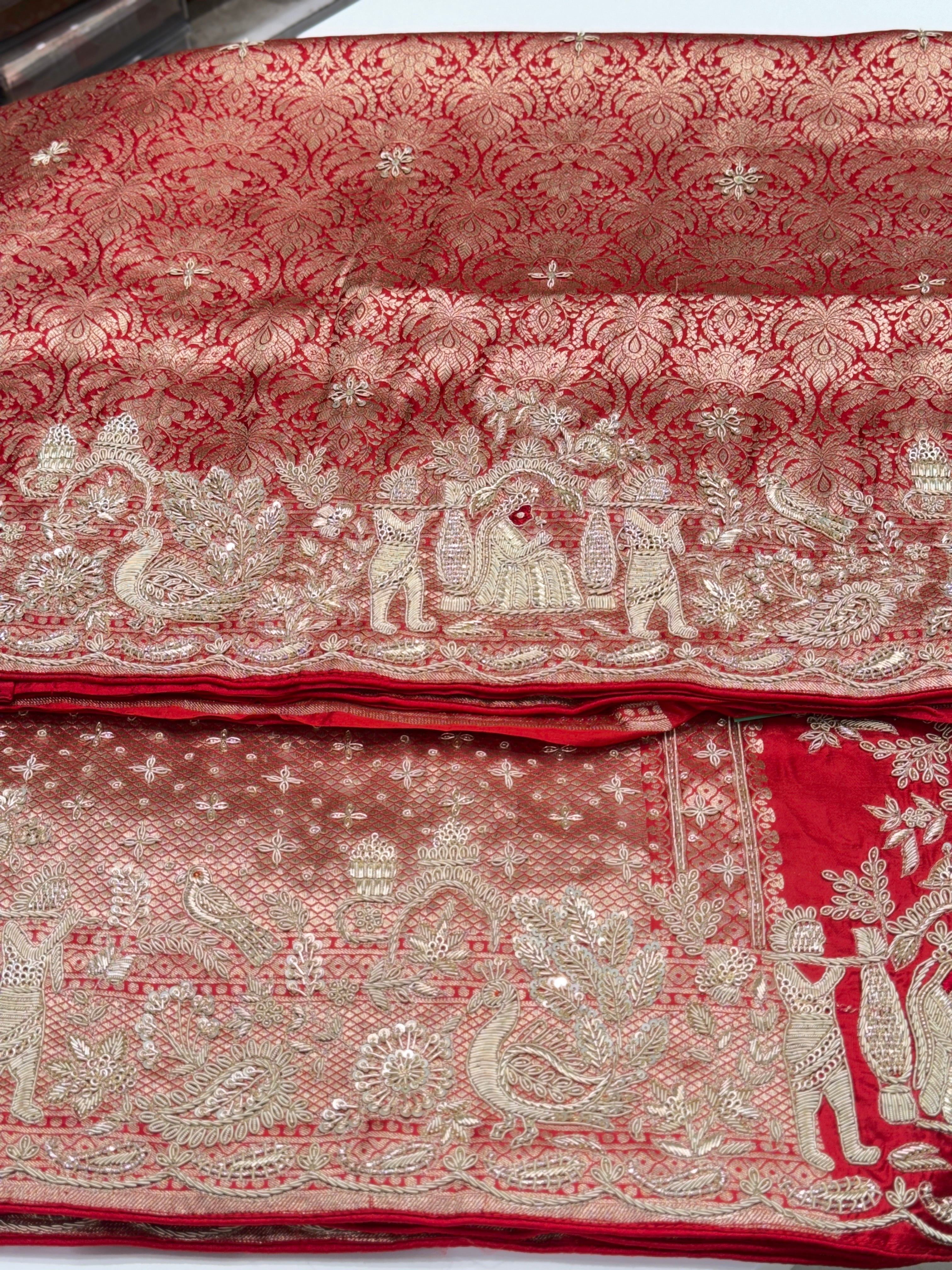 Red Banarasi Katan Doli Edit Zardosi Saree