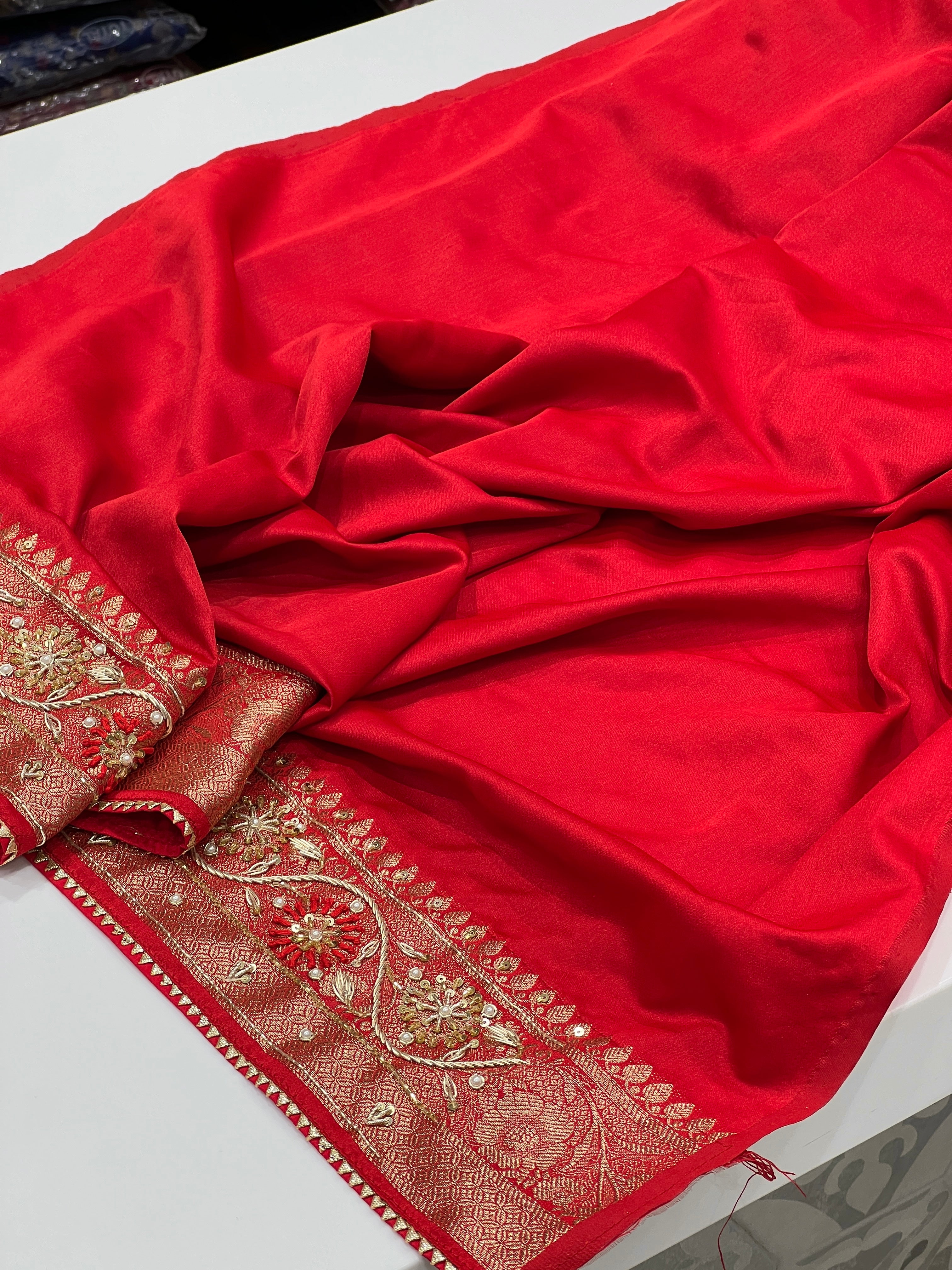 Red Banarasi Small Jaal Resham Embroidery Saree