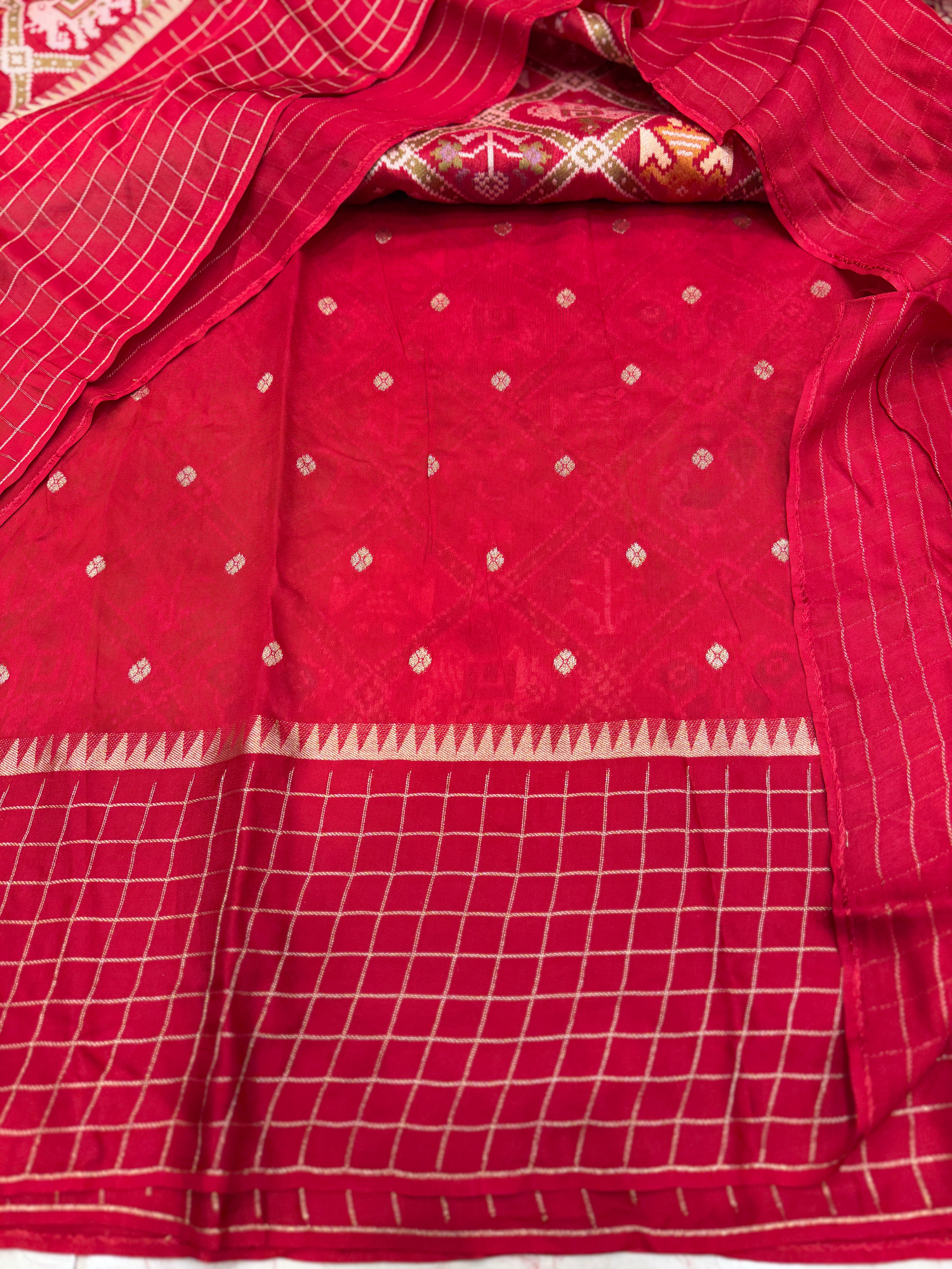 Red Munga Silk Patola Kanchi Style Checkered Border Fusion Saree