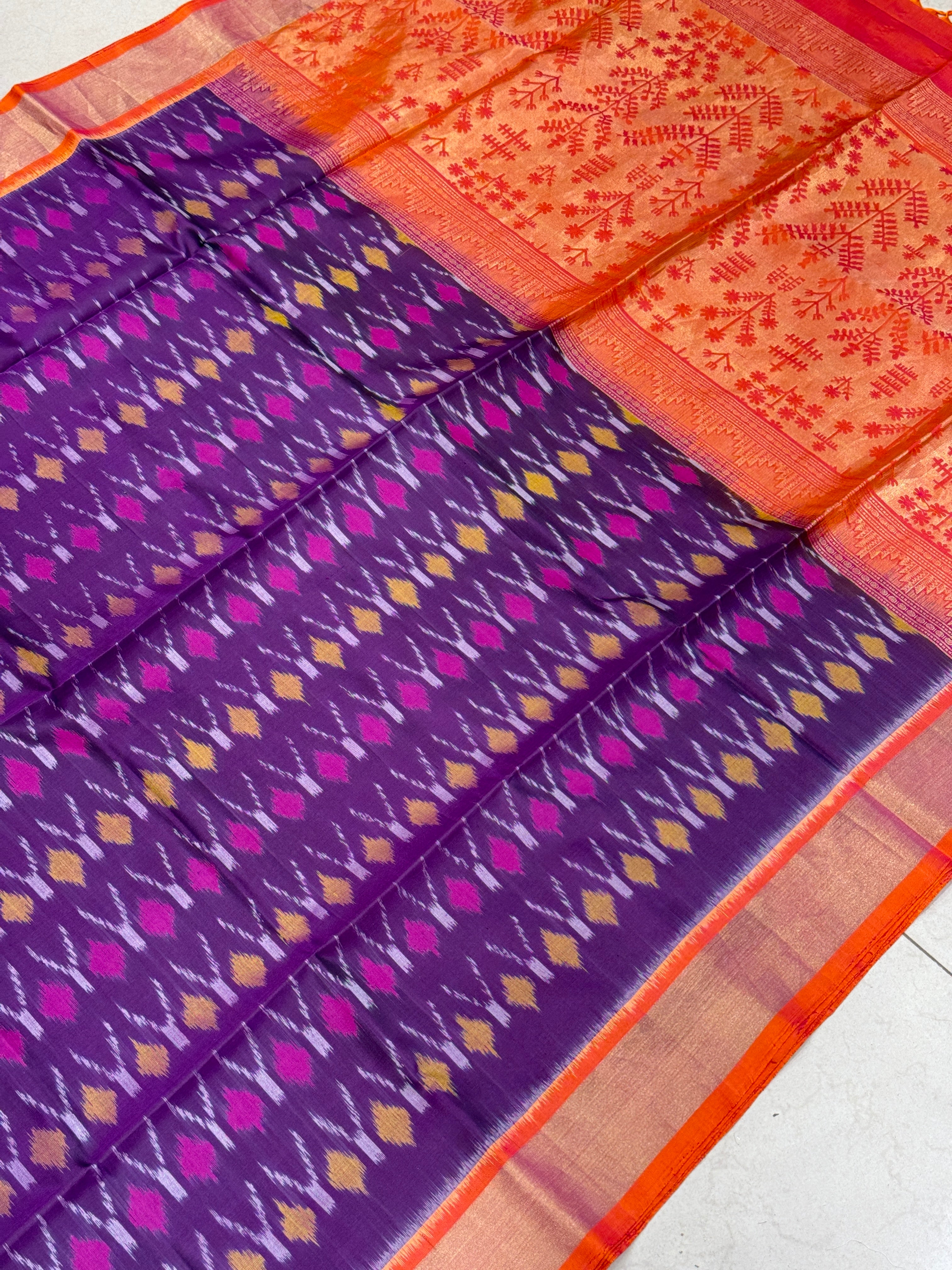 Contemporary Violet Orange Pochampally Ikat Silk Patola Saree