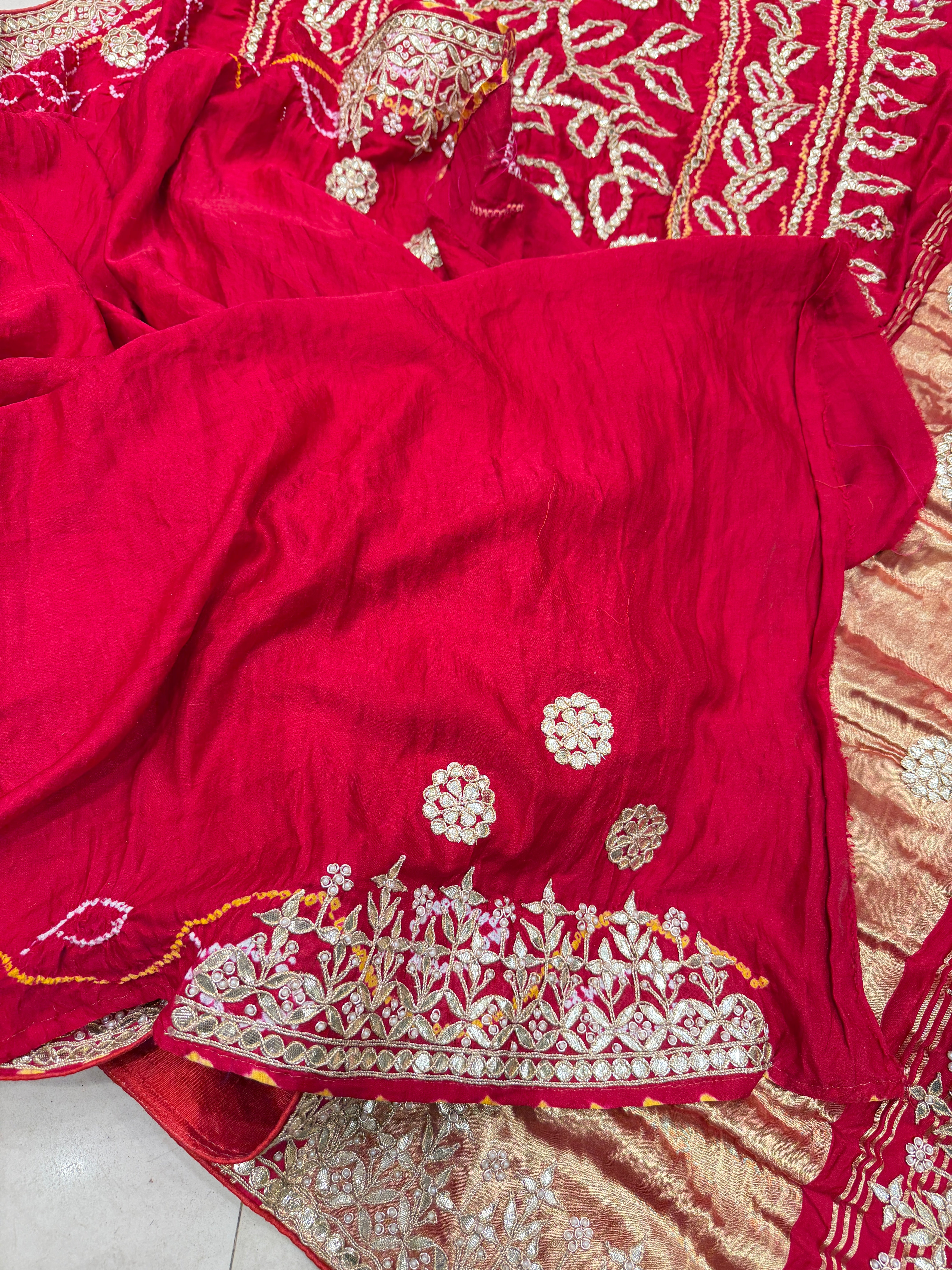 Red Gajji Silk Bandhej Hand Embroidery Gotapatti Marodi Saree
