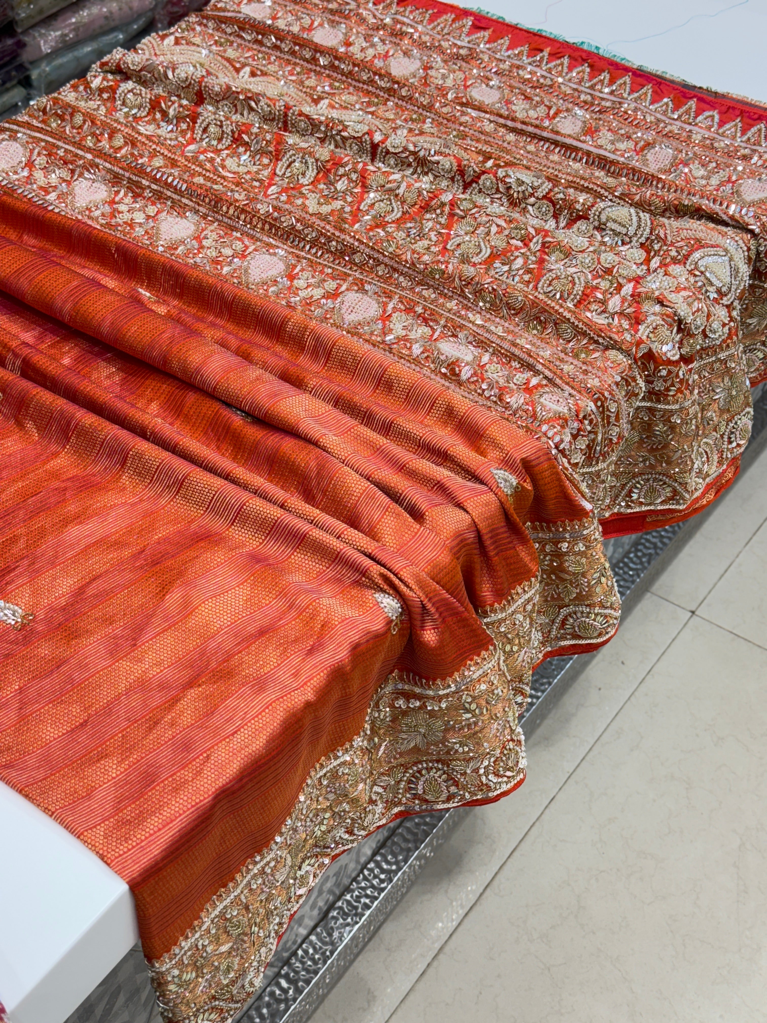 Orange Contemporary Pure Silk Kanjivaram Hand Embroidered Saree