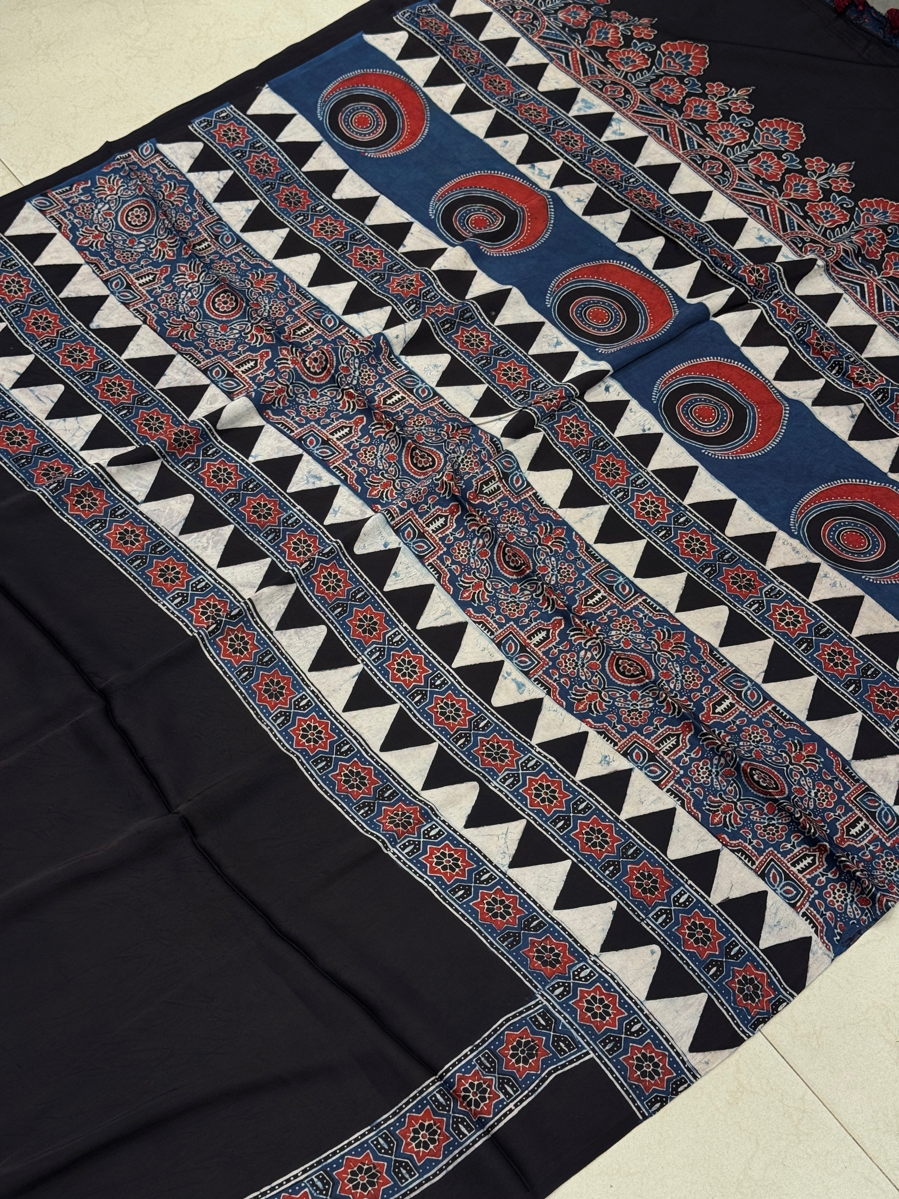 Black Contemporary Pallu Hand Block Print Ajrkah Pure Gajji Silk Saree