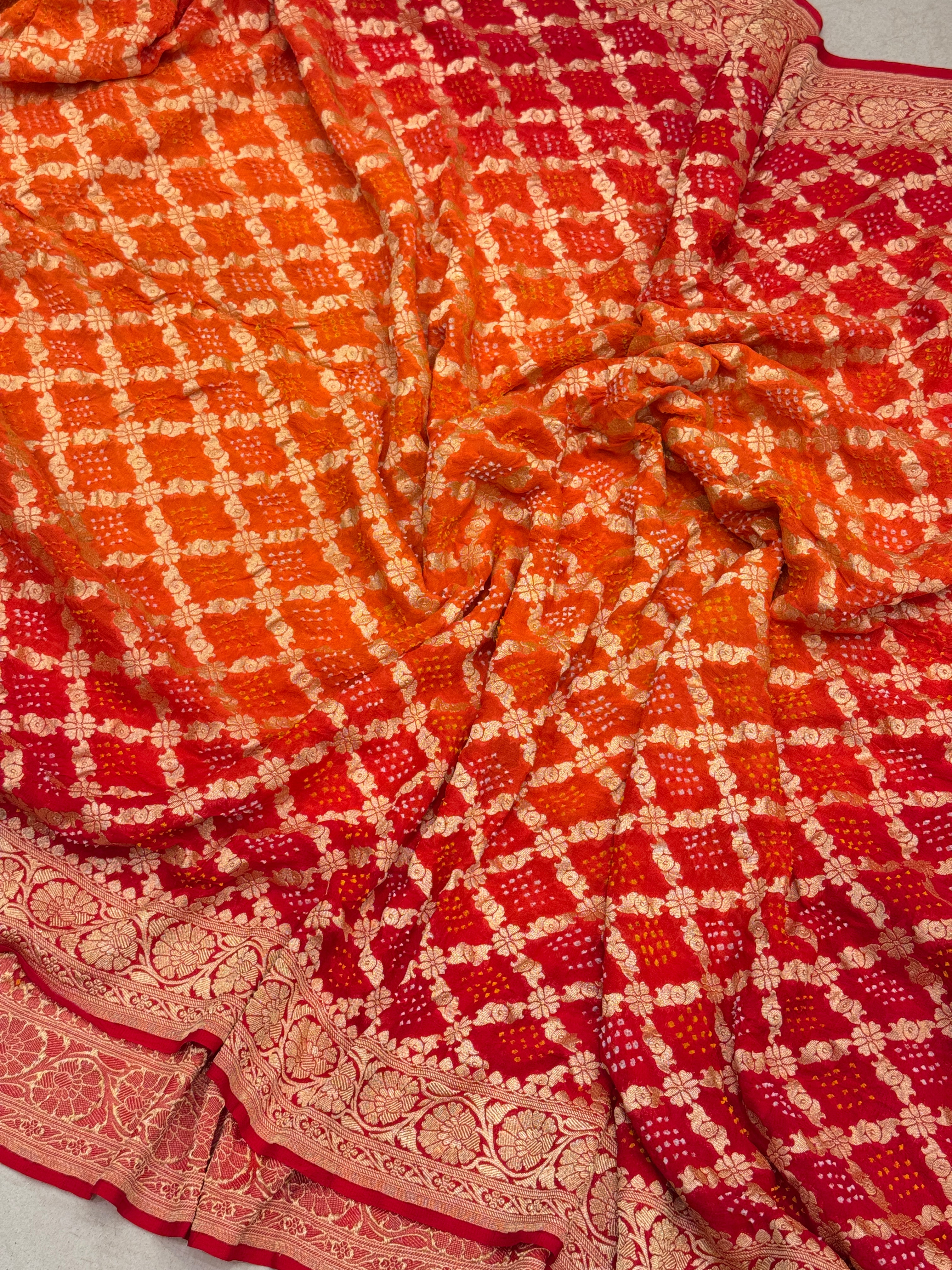 Red Orange Bandhej Bandhini Saree