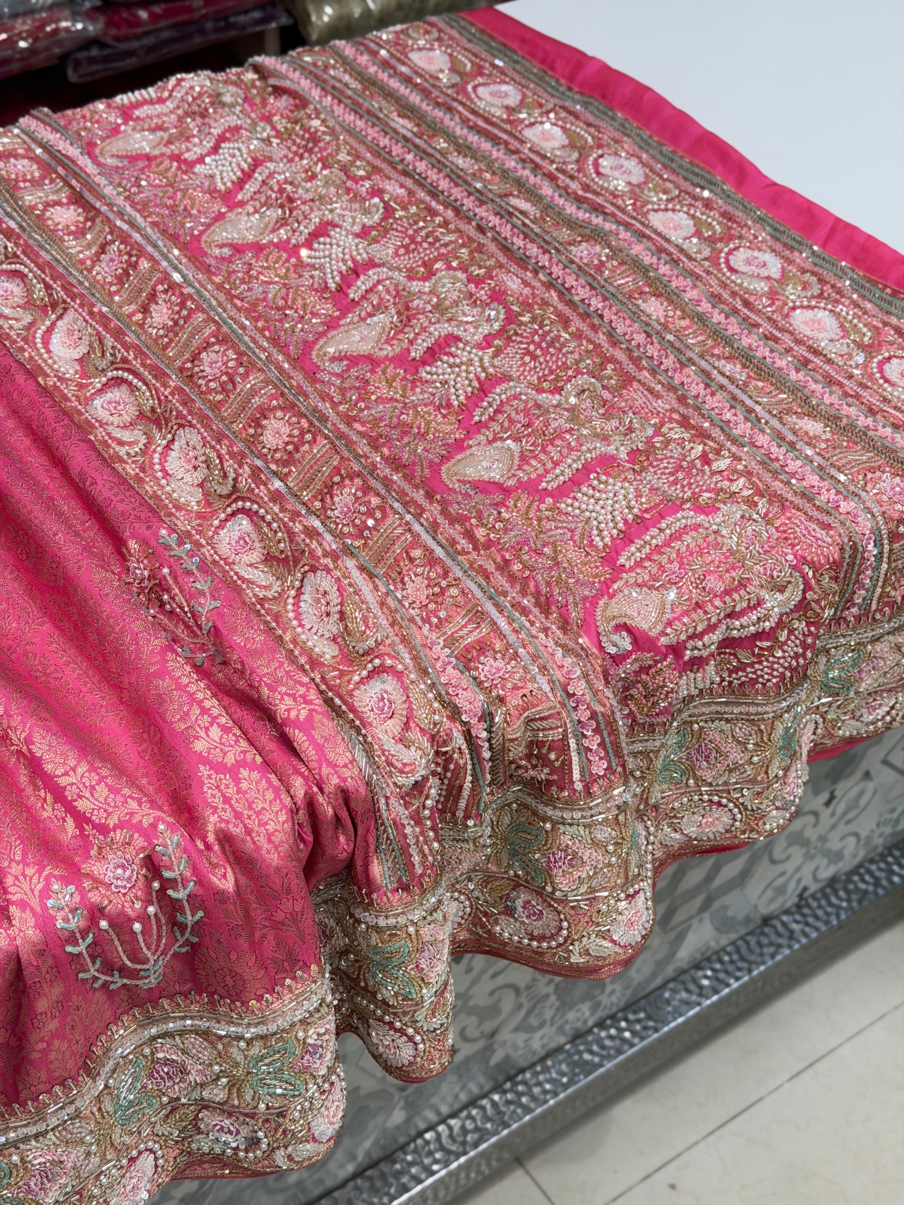 Crimson Pink Kanjivaram Moti Zardosi Hand Embroidery Saree