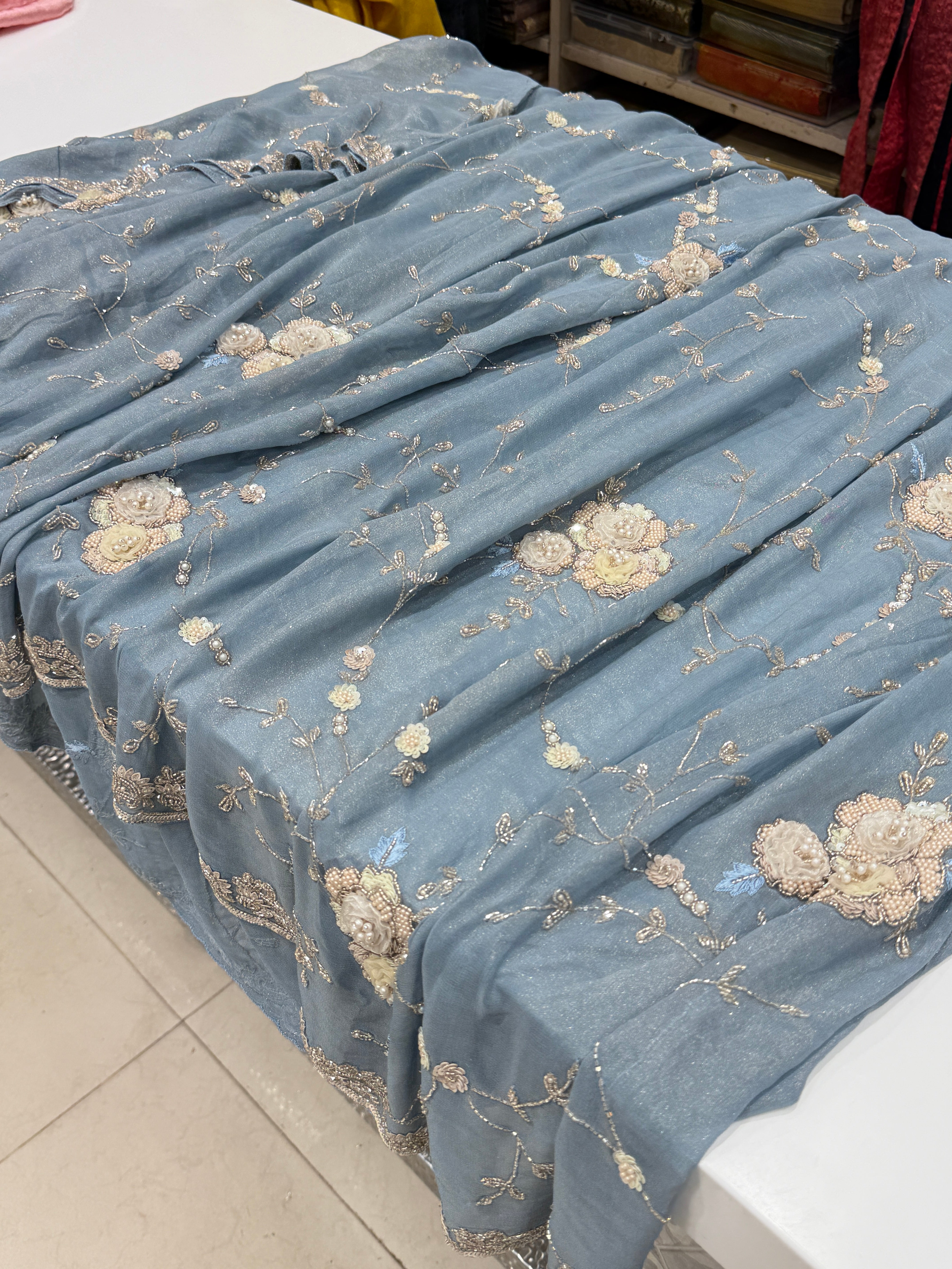 Powder Blue Tissue Chiffon Hand Embroidery Saree