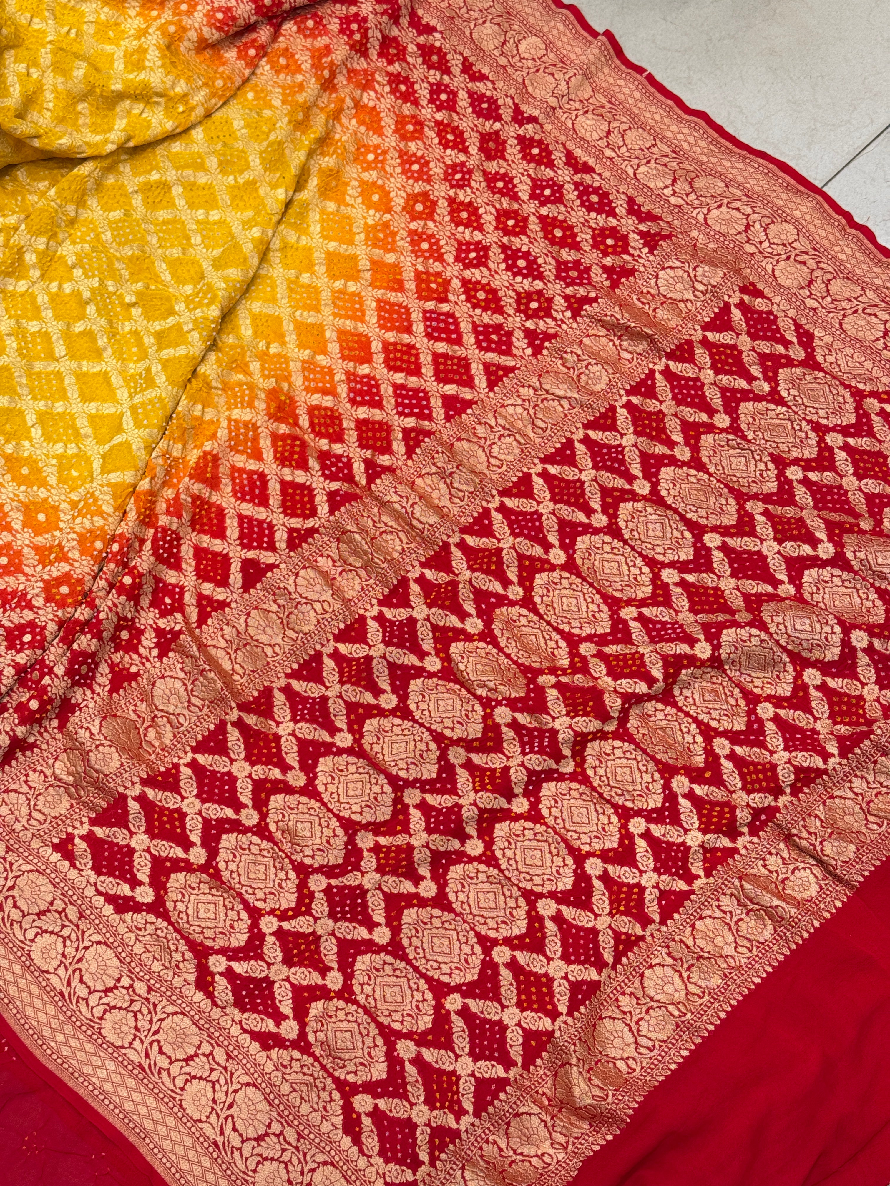 Yellow Red Shaded Bandhej Bandhini Saree