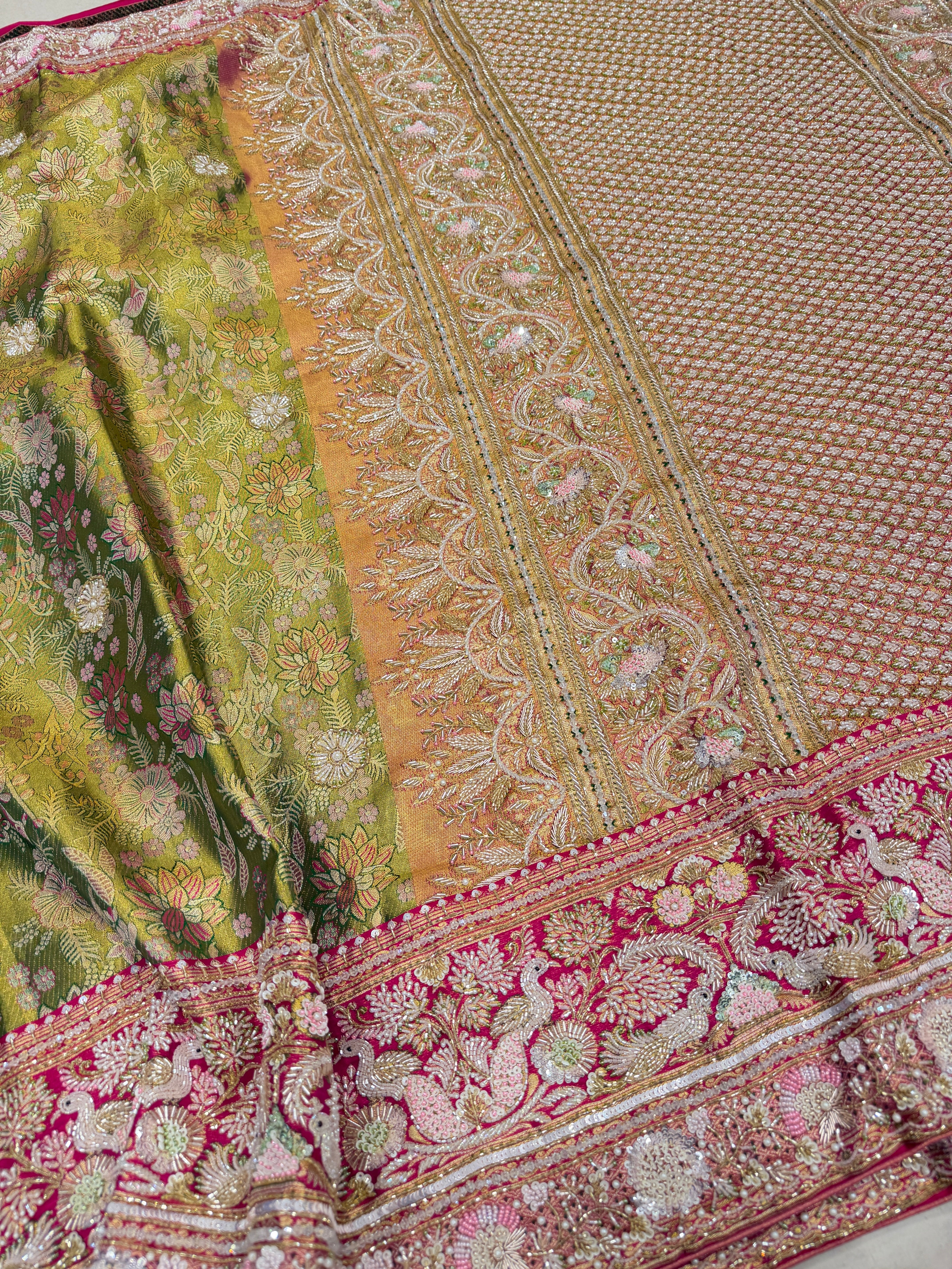 Green Contrast Meenakari Tissue Kanjivaram Zardosi Hand Embroidery Saree