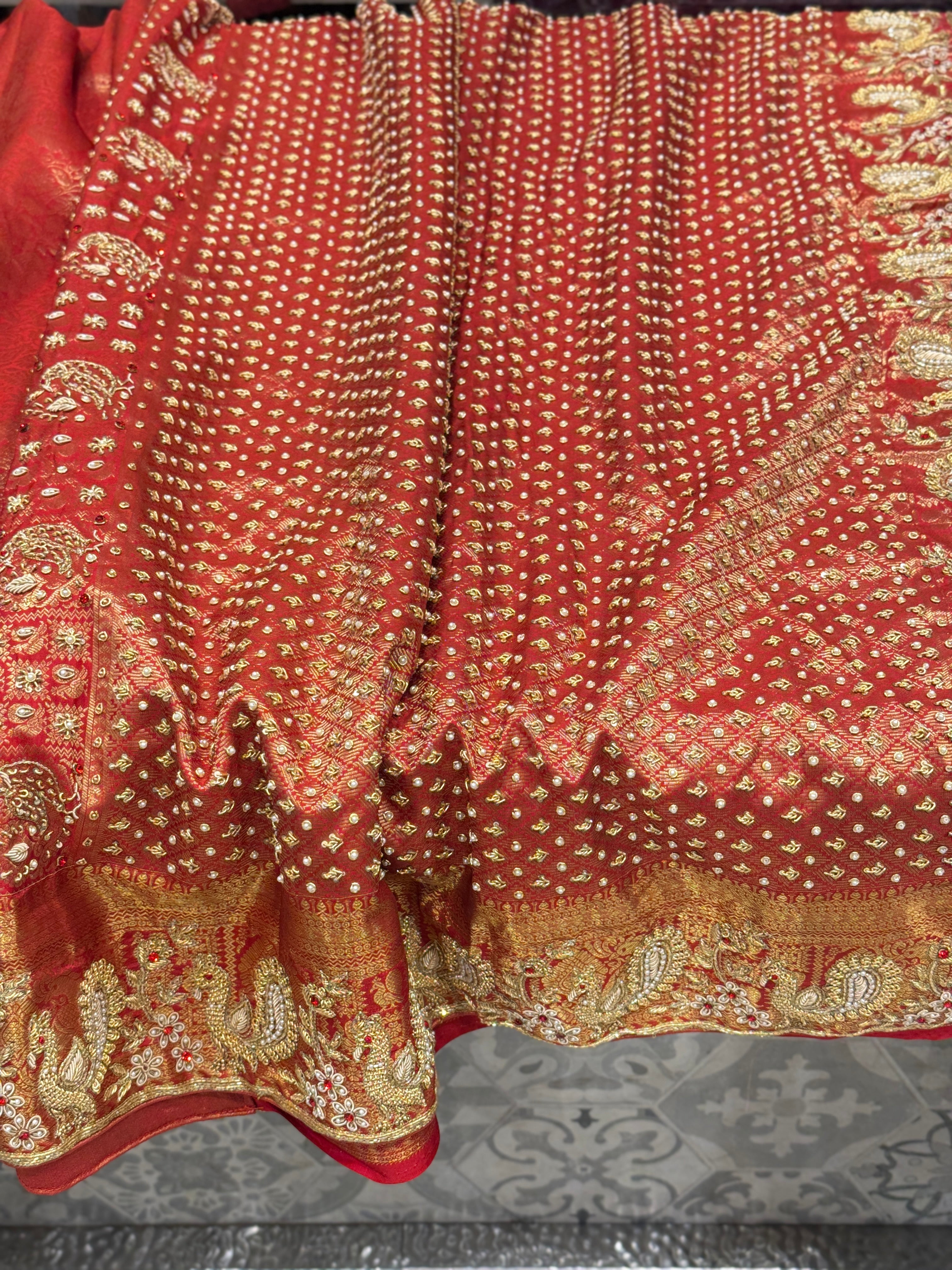Red Kanjivaram Peacock Motif Zardozi Hand Embroidery Saree