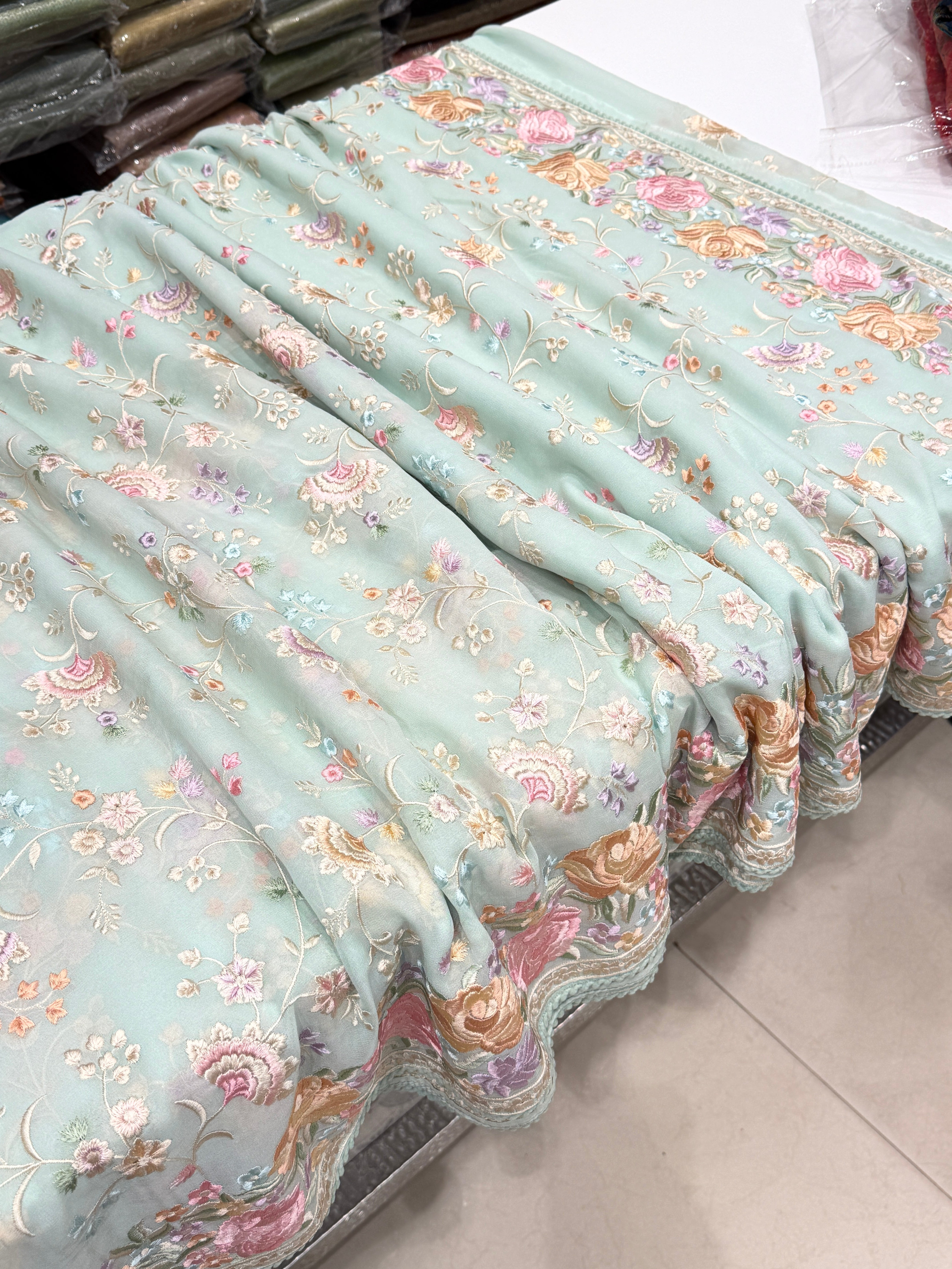 Sea Green Jaal Georgette Multi Colour Parsi Gara Saree