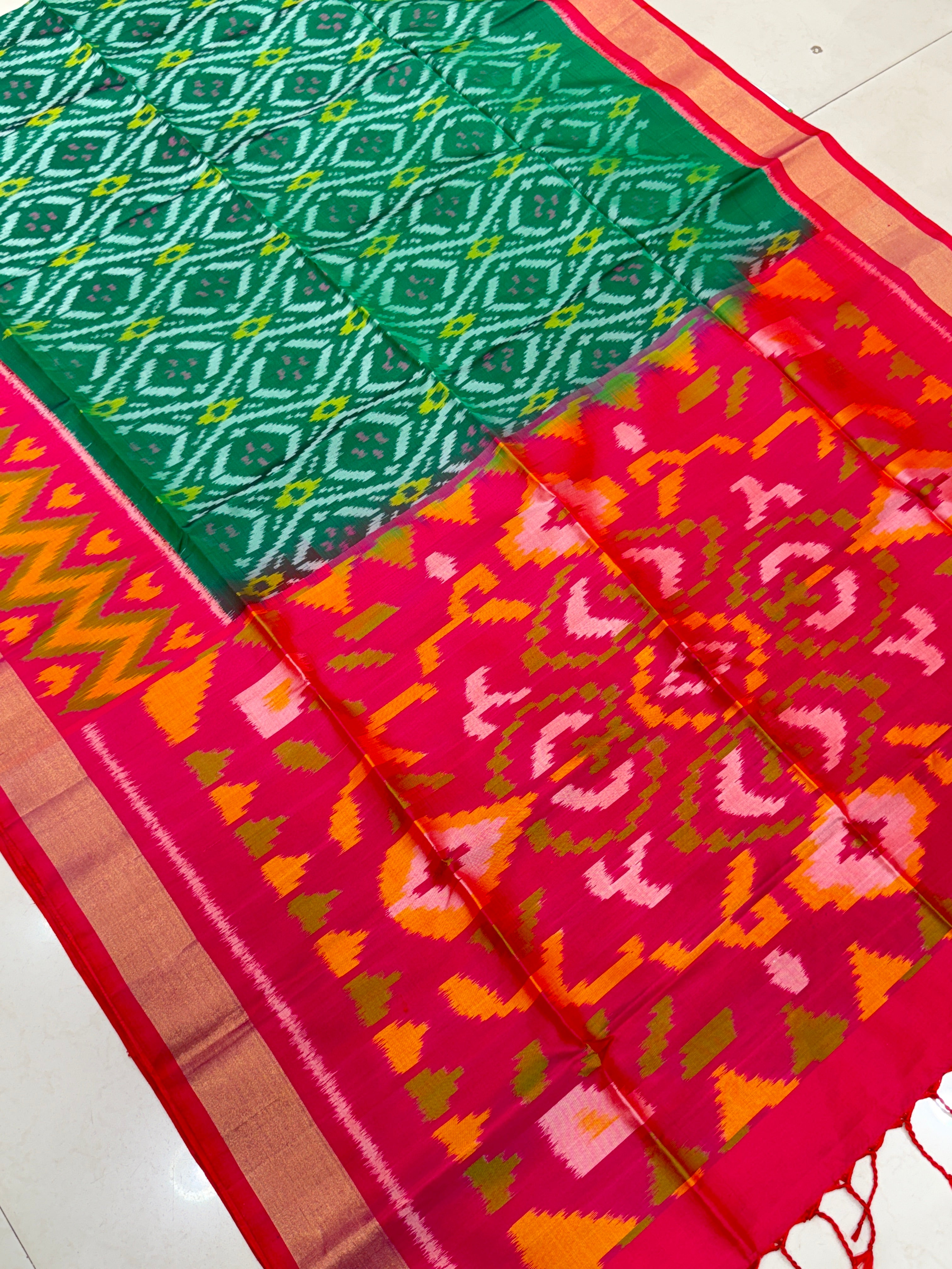 Bottle Green Rani Pochampally Ikat Patola Saree