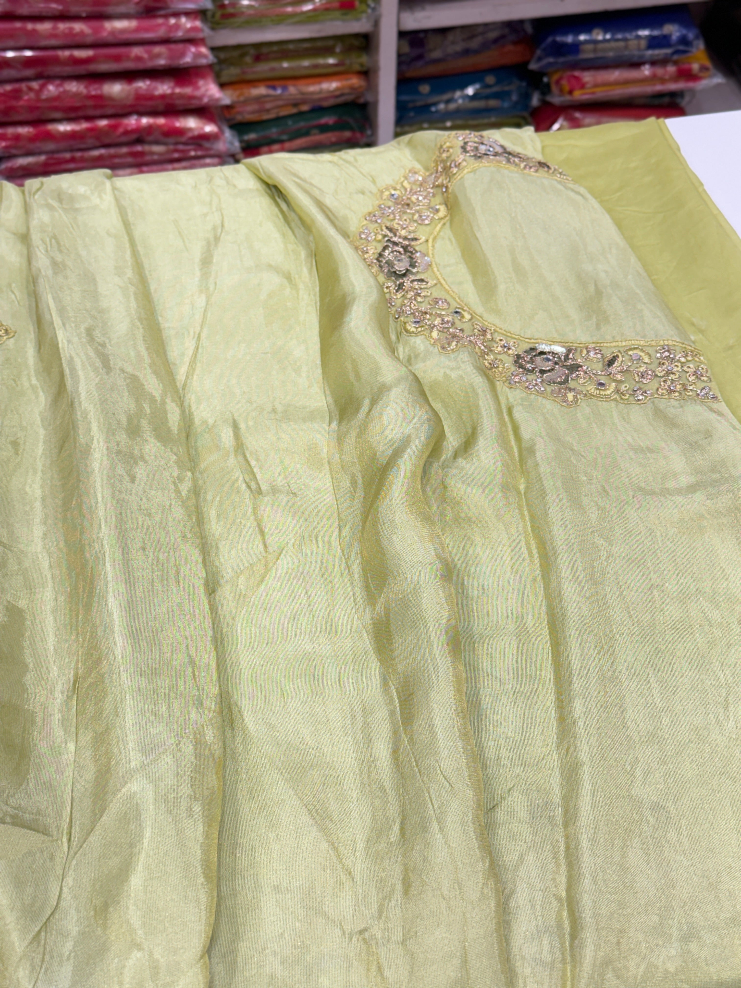 Pista Crepe Tissue Embroidery Saree