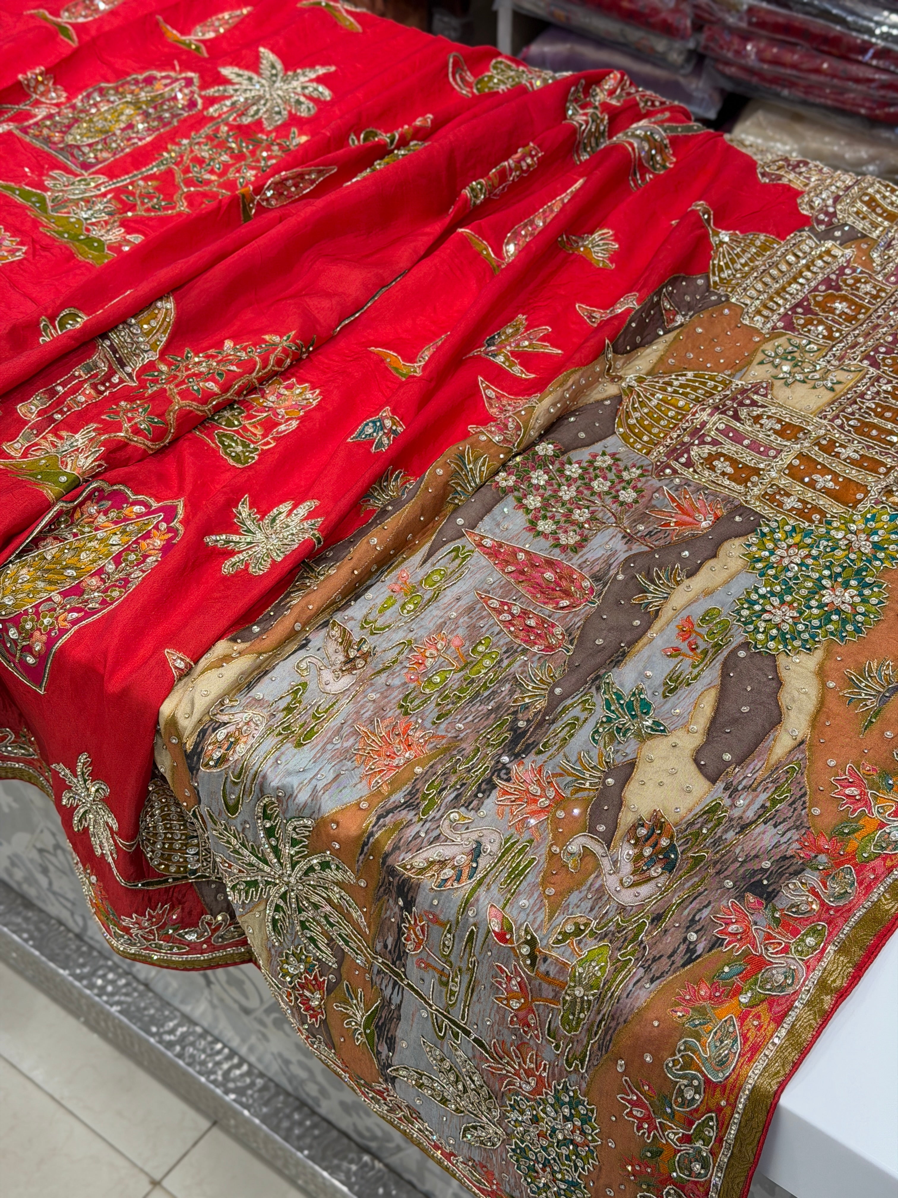 Red Pashmina Inspired Fauna Theme Hand Embroidery Banarasi Munga Saree