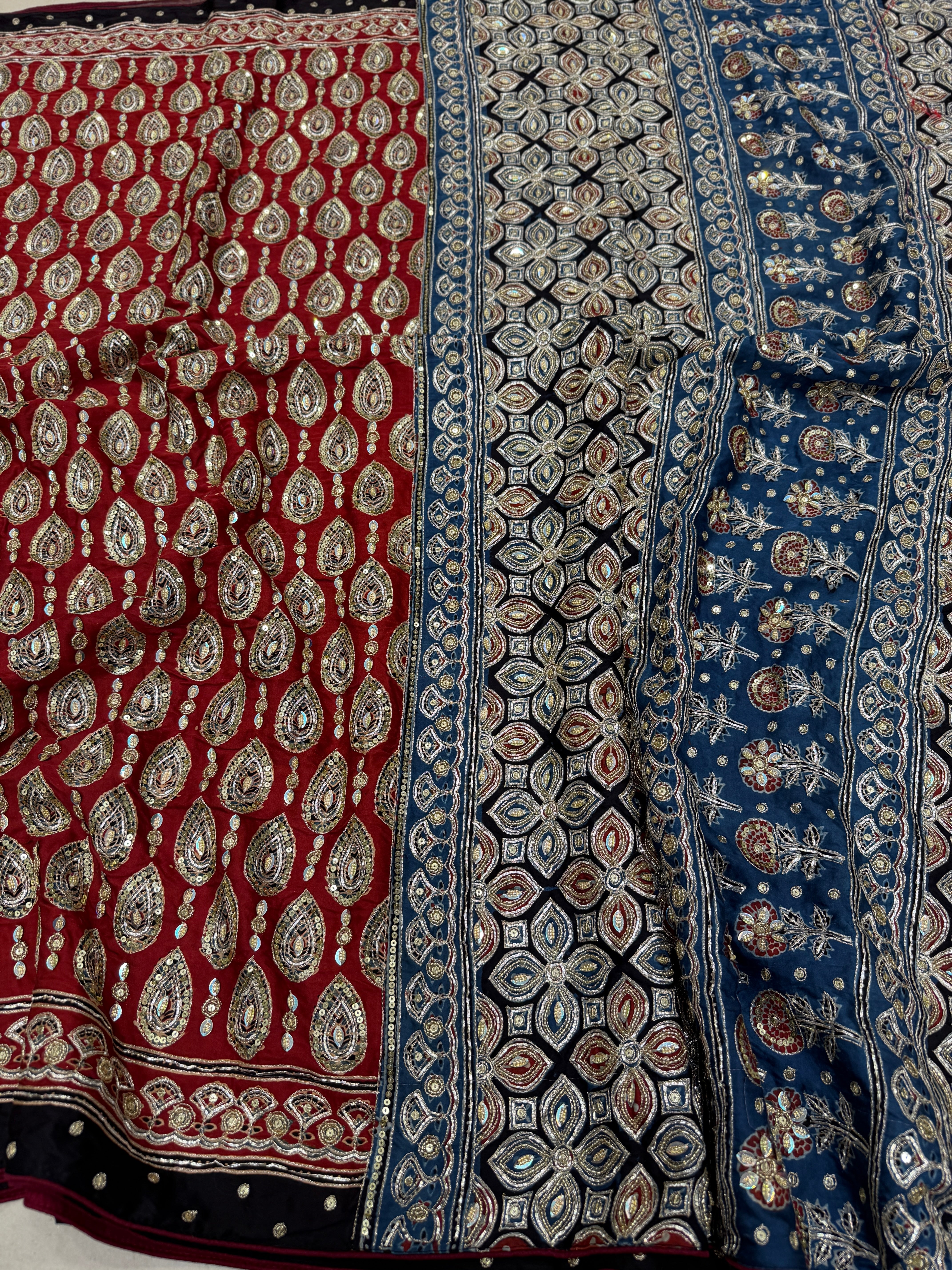 Red Keri Buttas Pita Zardosi Sequin Ajrakh Hand Embroidery Saree