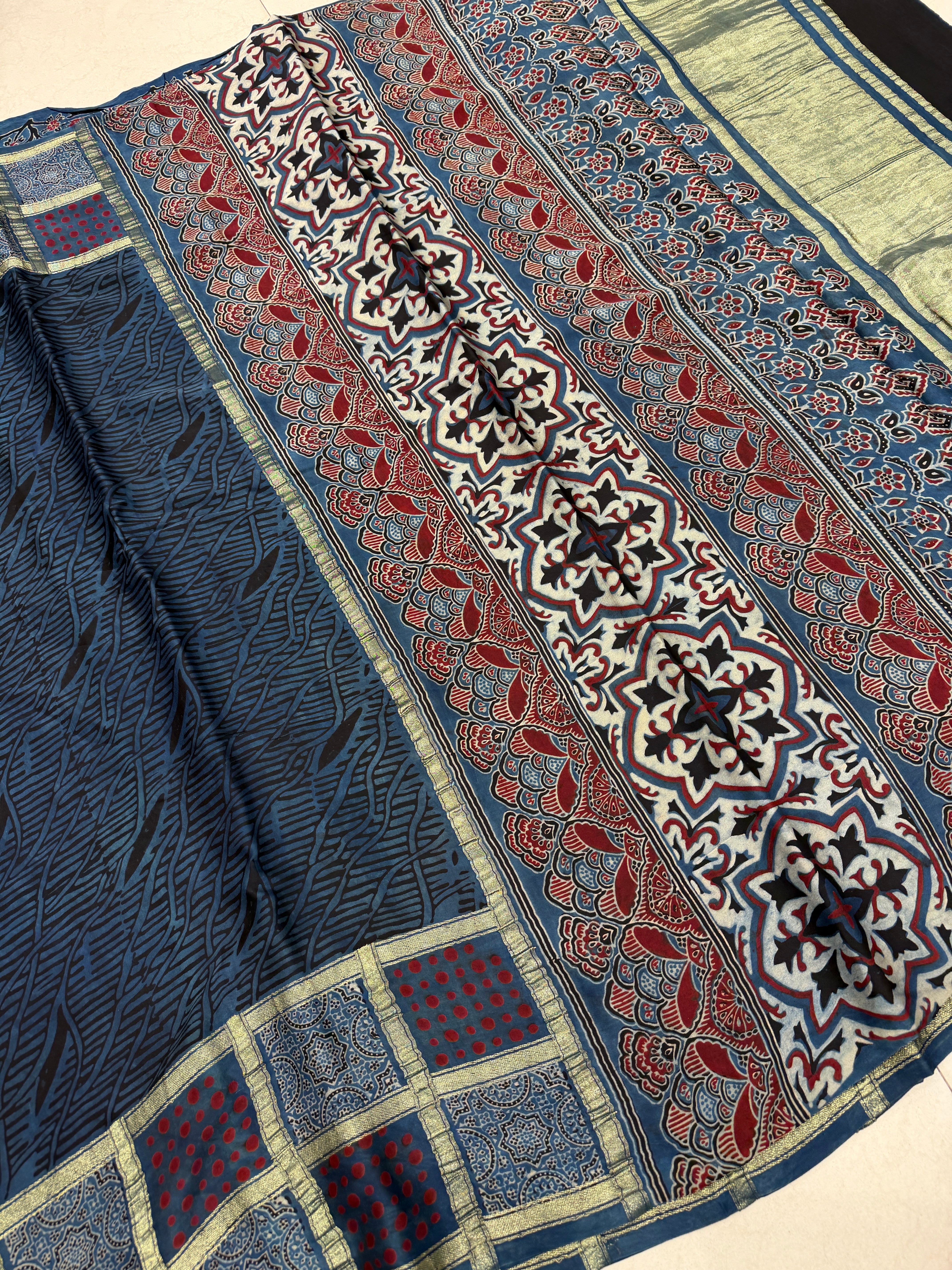Blue Contemporary Zari Checks Ajrakh Hand Block Print Pure Gajji Silk Saree