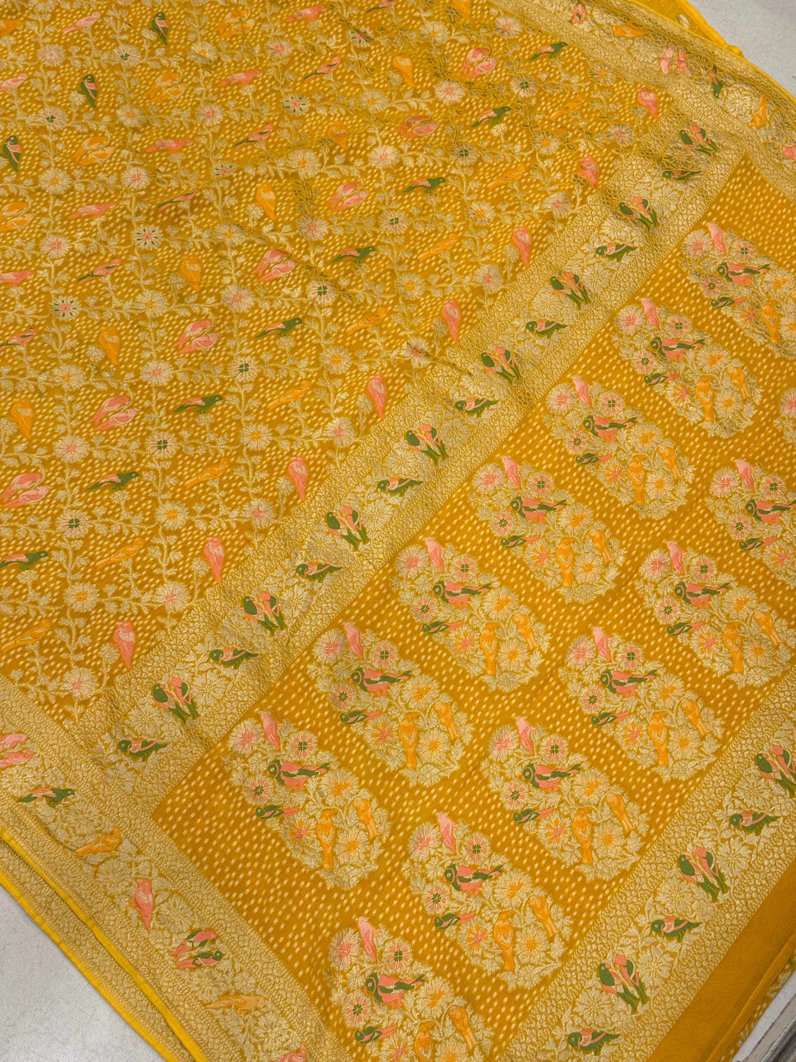 Yellow Woven Bandhej Meenakari Parrot Motif Saree