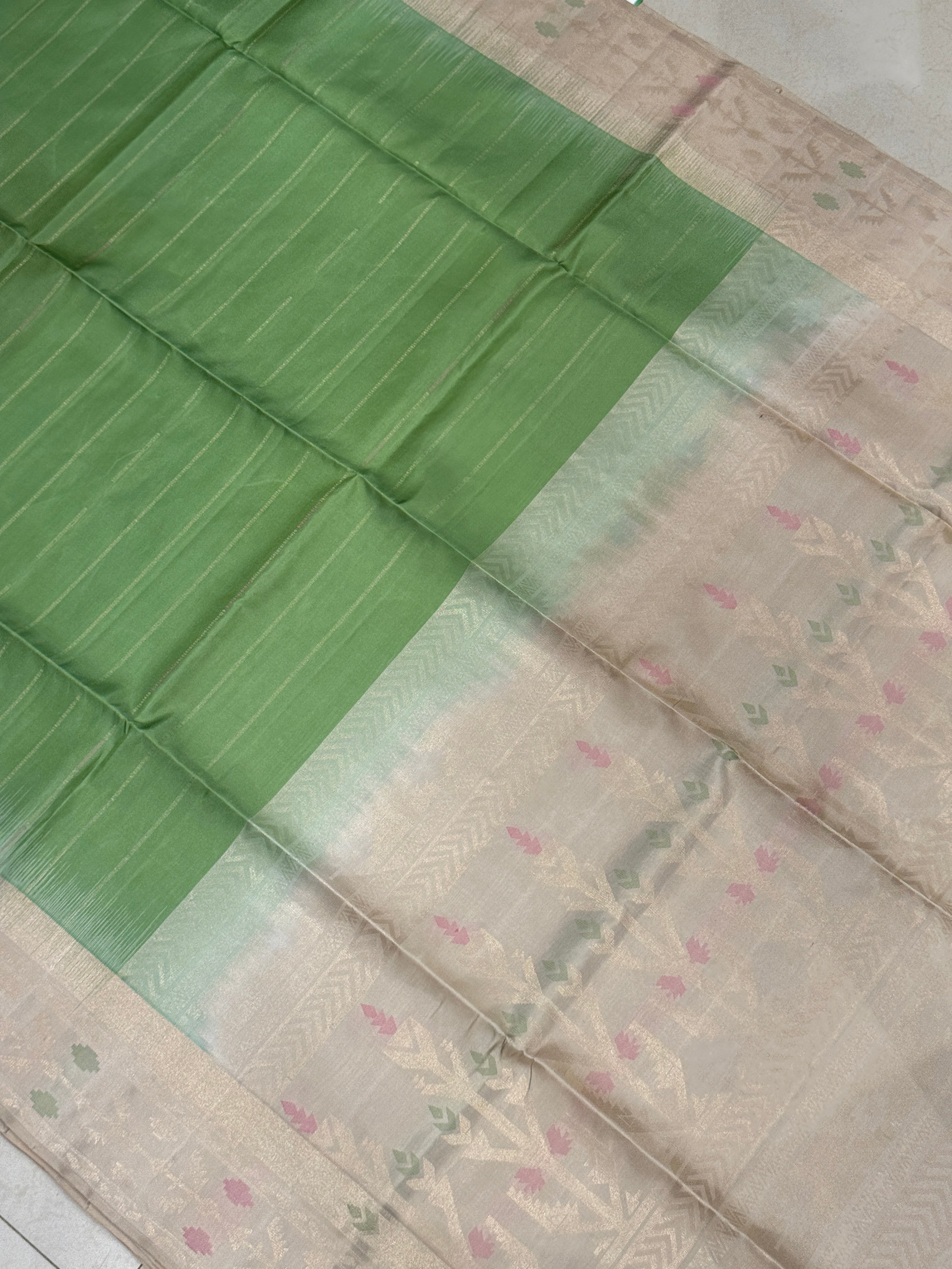 Pista Green Beige Contemporary Handloom Kanchipuram Pure Silk Saree