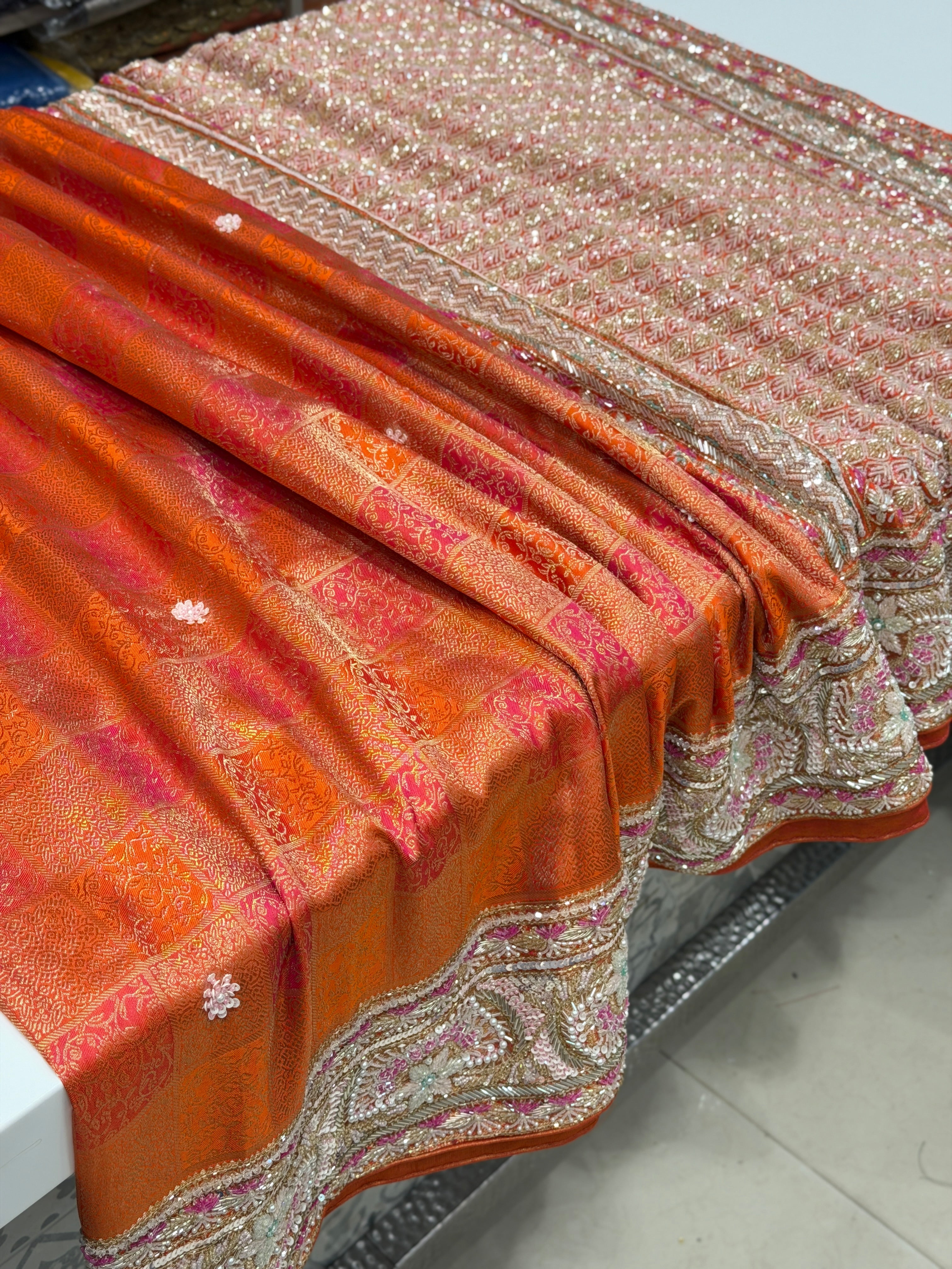 Rust Orange Kanjivaram Moti Zardosi Hand Embroidery Saree