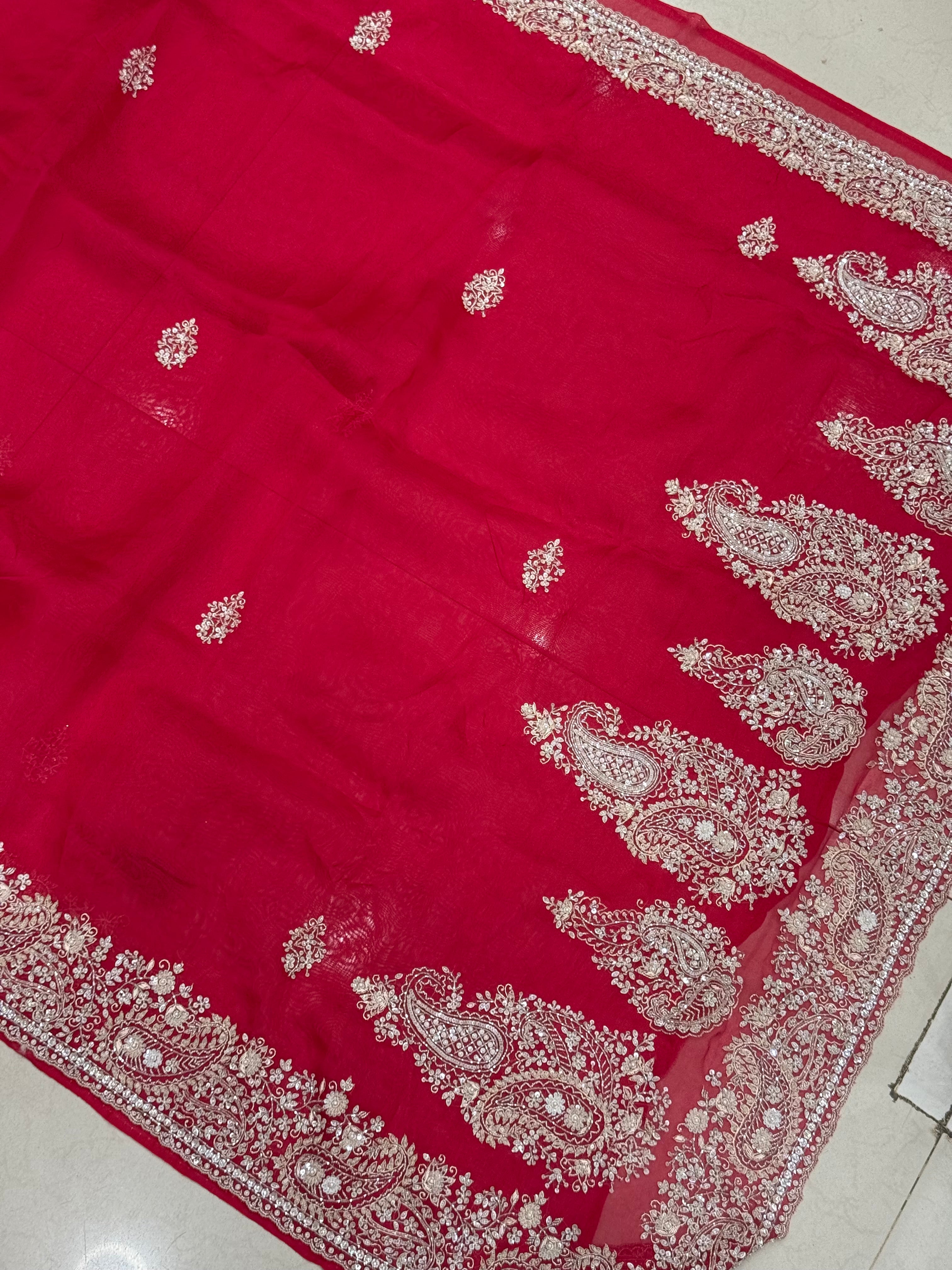 Red Organza Hand Embroidery Saree