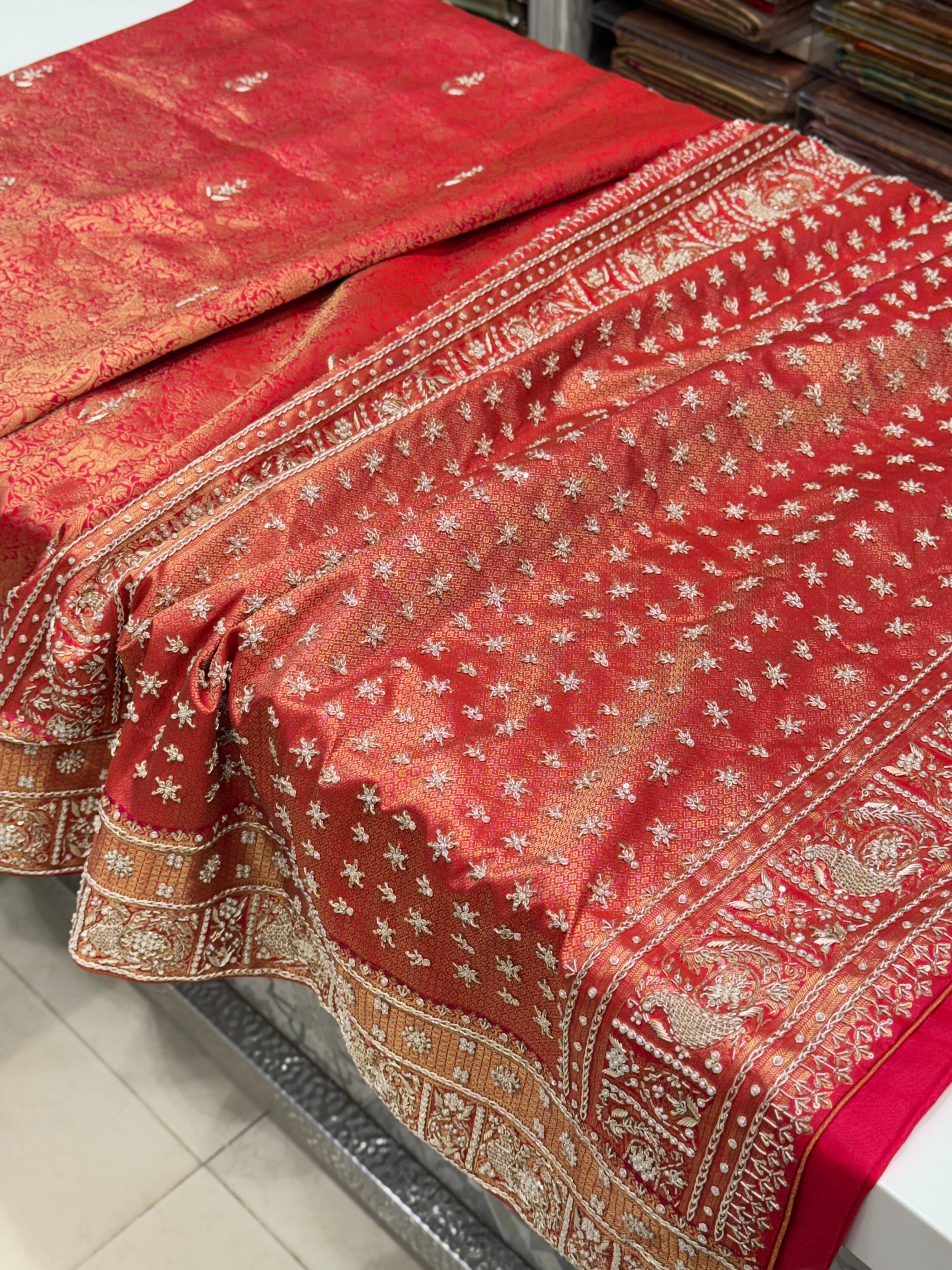 Red Kanjivaram Peacock Motif Zardozi Hand Embroidery Saree