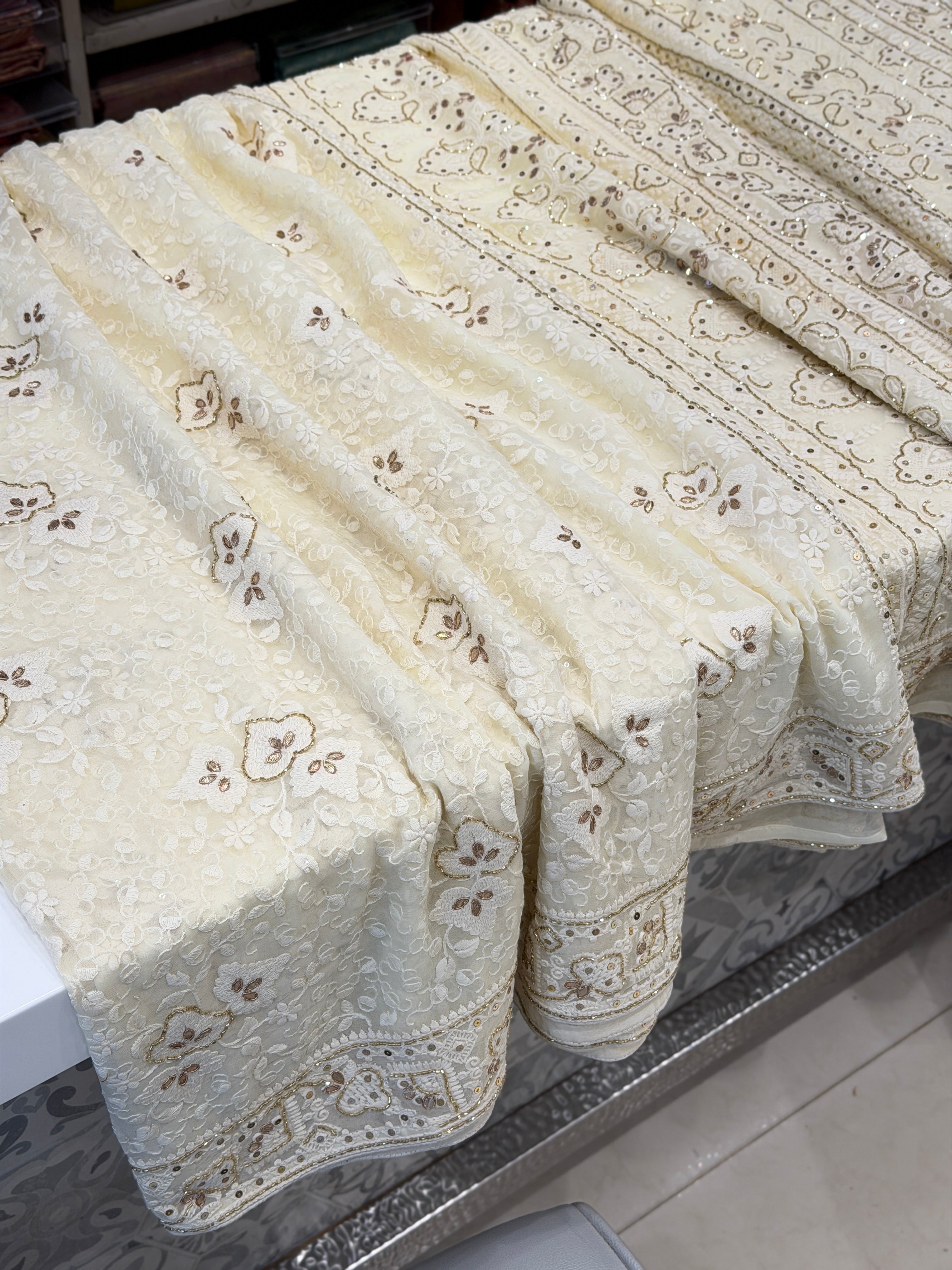 Moti White Chikankari Georgette Cutdana Embroidery Saree