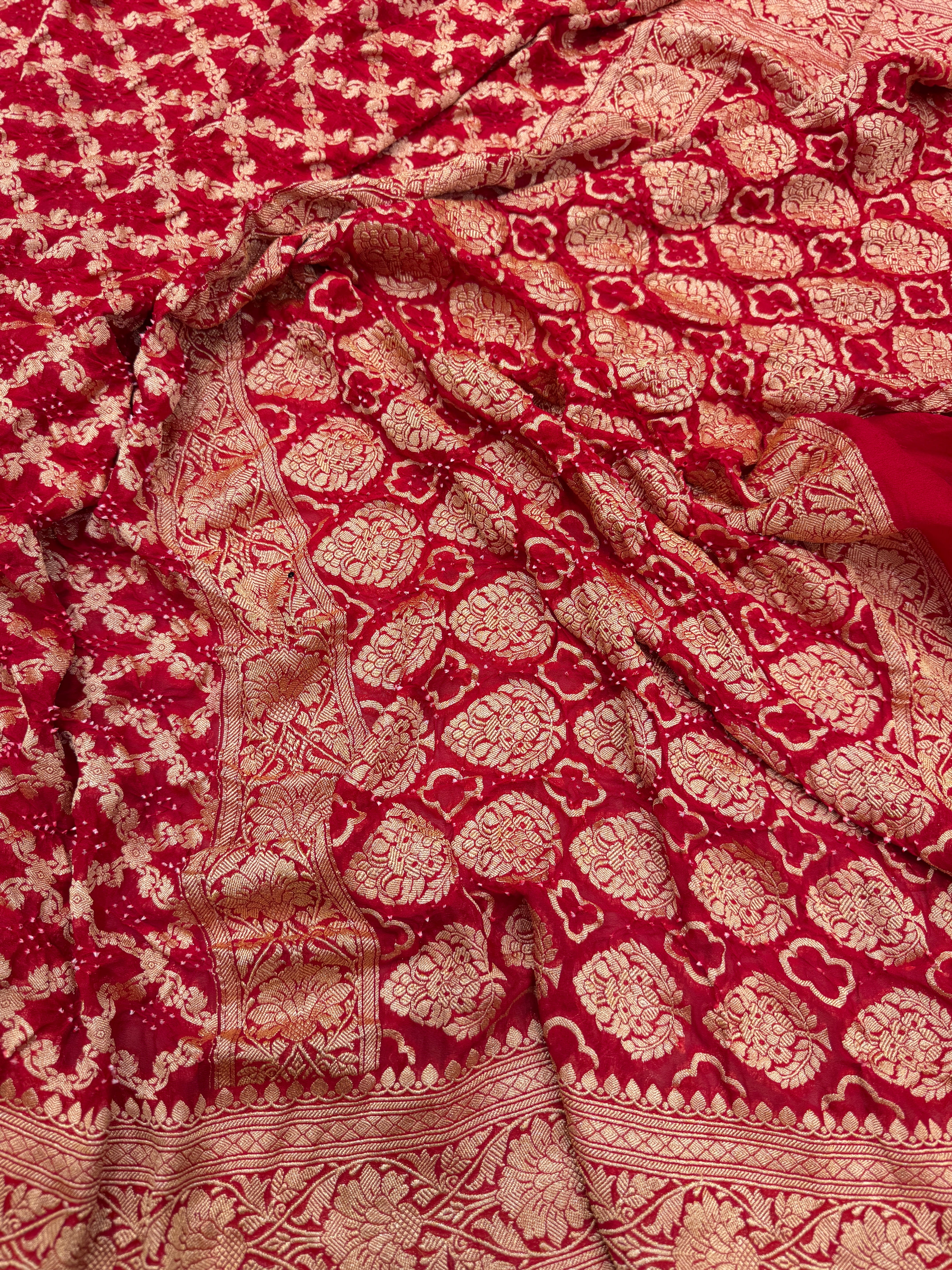 Red Bandhej Big Flower Border Bandhini Saree