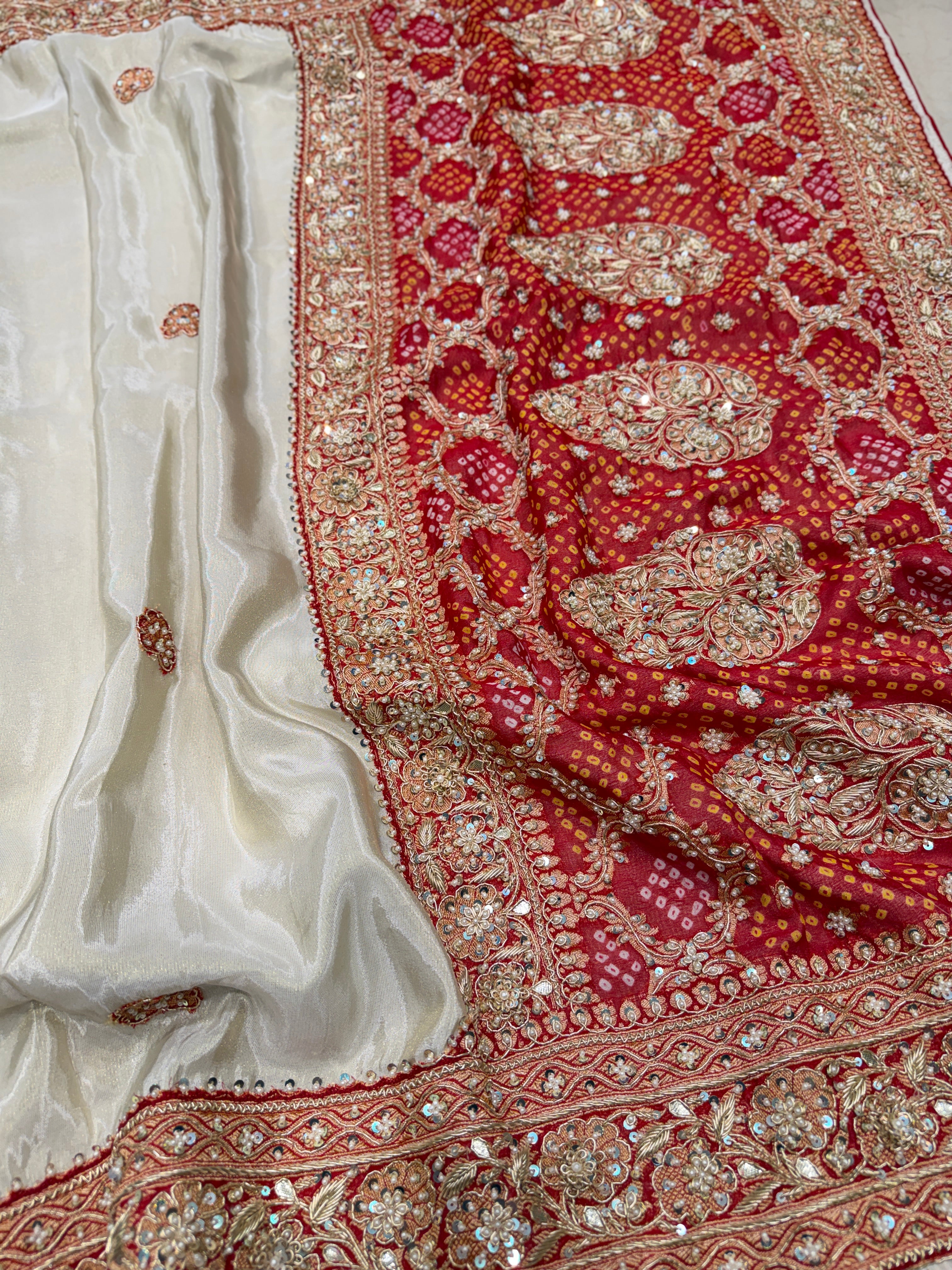 Ivory Banarasi Crepe Tissue Bandhej Patch Zardosi Hand Embroidery Saree