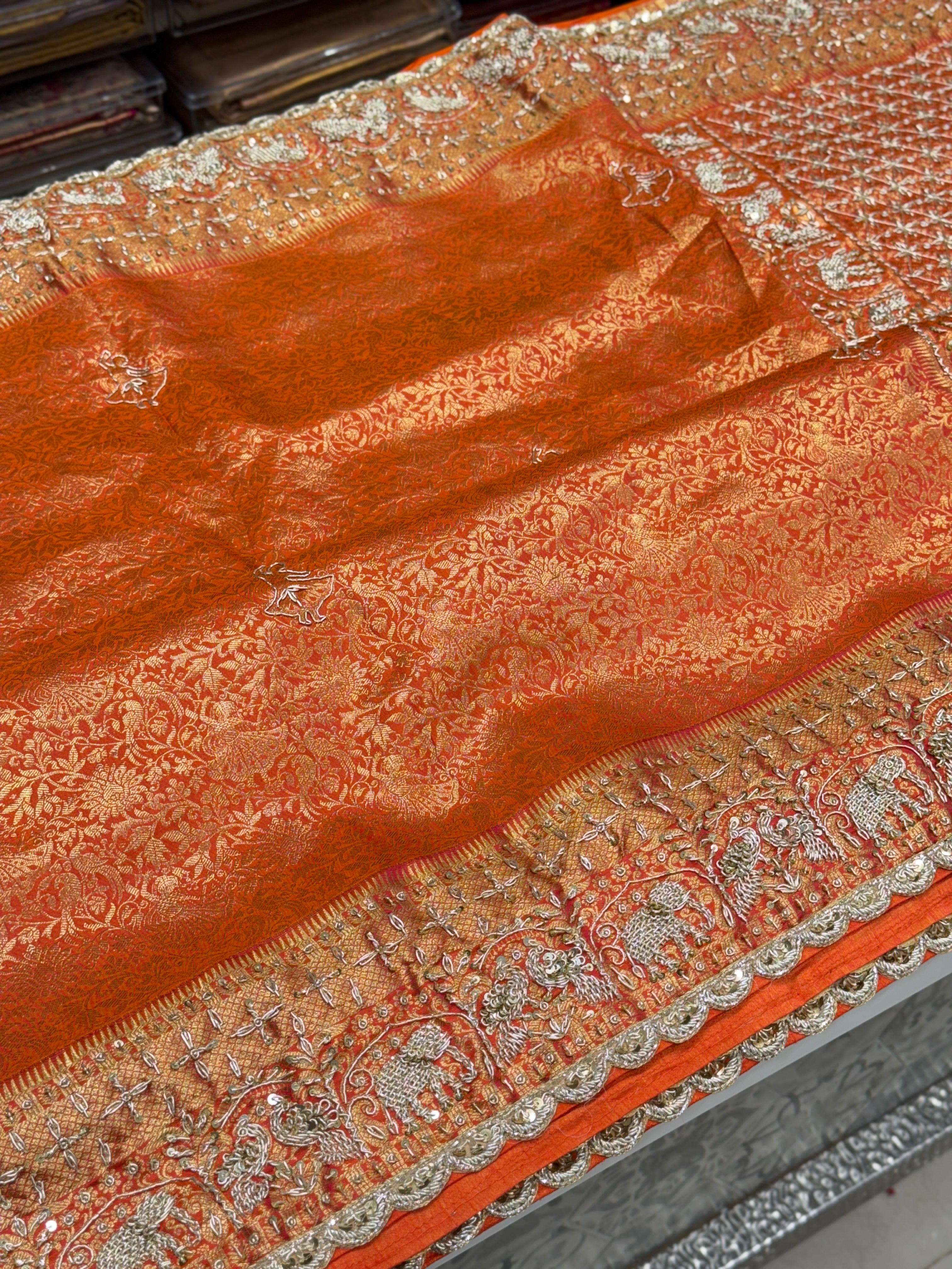 Orange Kanjivaram Peacock Motif Zardozi Hand Embroidery Saree