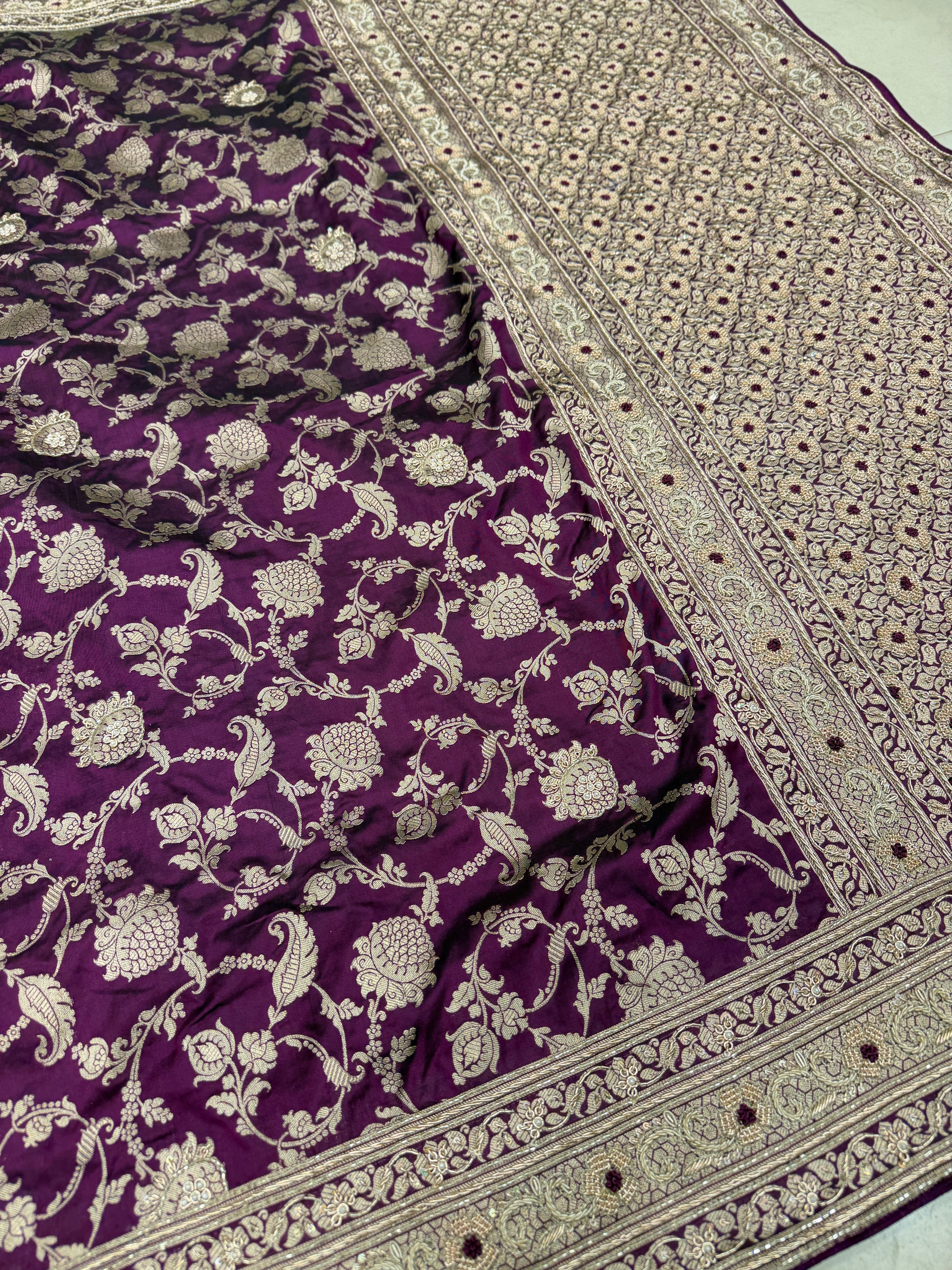 Wine Jaal Handloom Banarasi Katan Silk Zardosi Hand Embroidery Saree